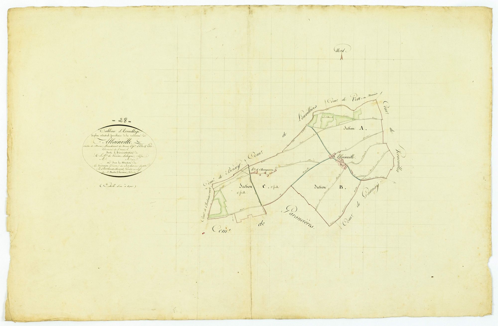 Tableau d'assemblage du plan cadastral parcellaire de la commune de Allainville, Canton de Dreux, Arrondissement de Dreux / Terminé sur le terrain (...) par Monsieur Martin Delarivière, Géomètre.