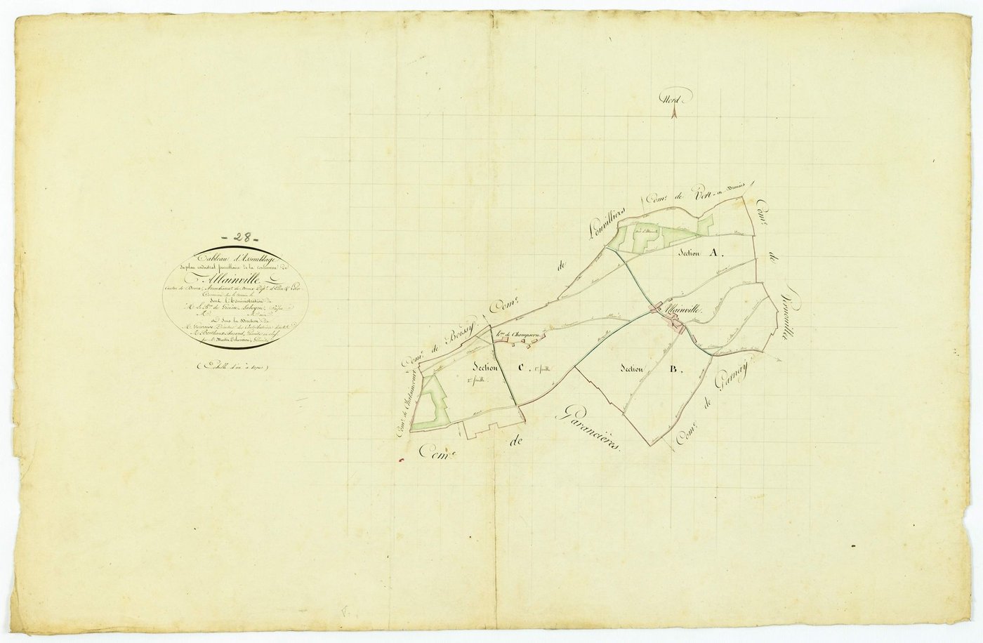 Tableau d'assemblage du plan cadastral parcellaire de la commune de Allainville, Canton de Dreux, Arrondissement de Dreux / Terminé sur le terrain (...) par Monsieur Martin Delarivière, Géomètre.