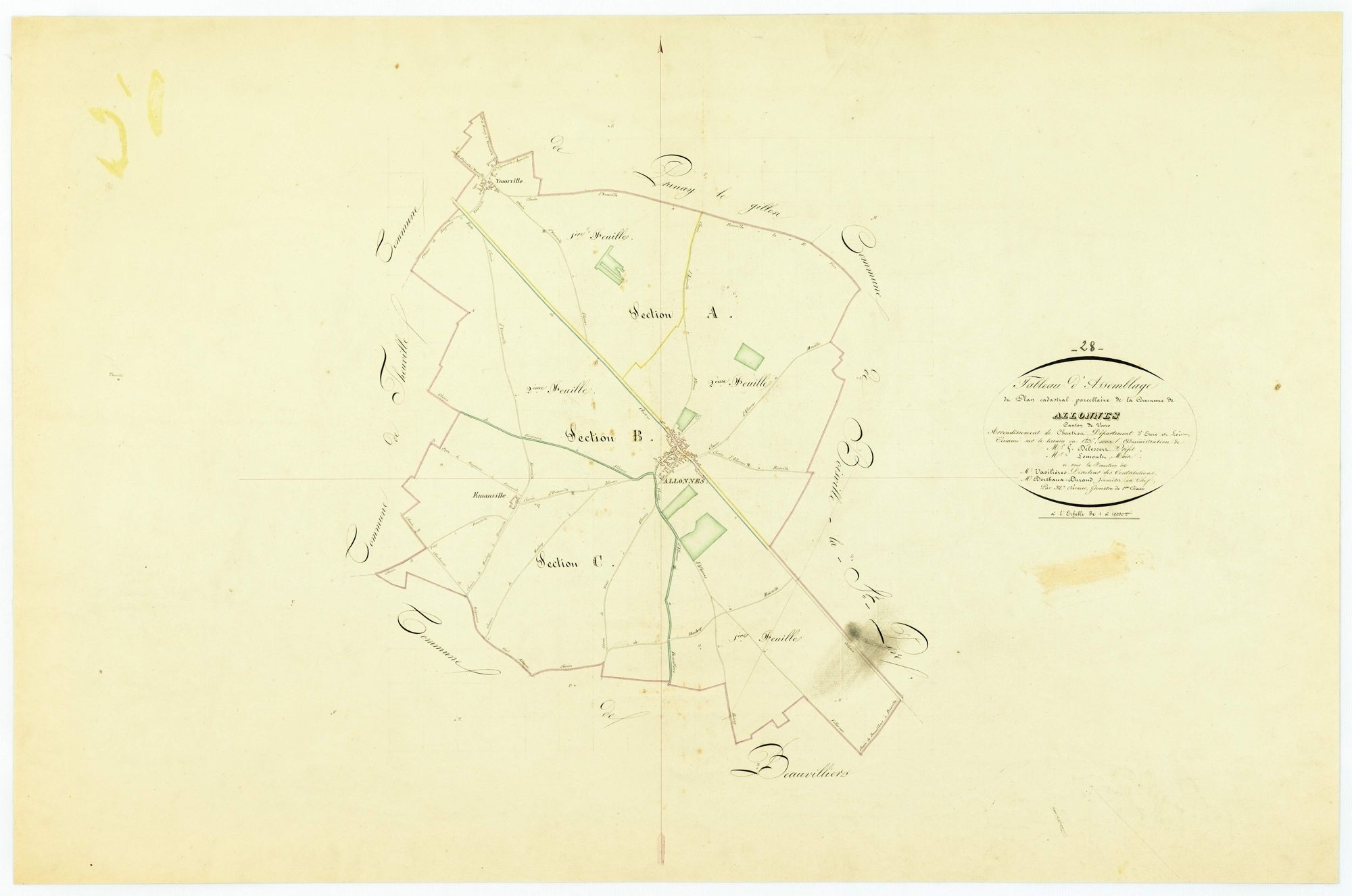 Tableau d'assemblage du plan cadastral parcellaire de la commune de Allonnes, Canton de Voves, Arrondissement de Chartres / Terminé sur le terrain en 1835 (...) par Monsieur Tarnier, Géomètre de 1ère classe.