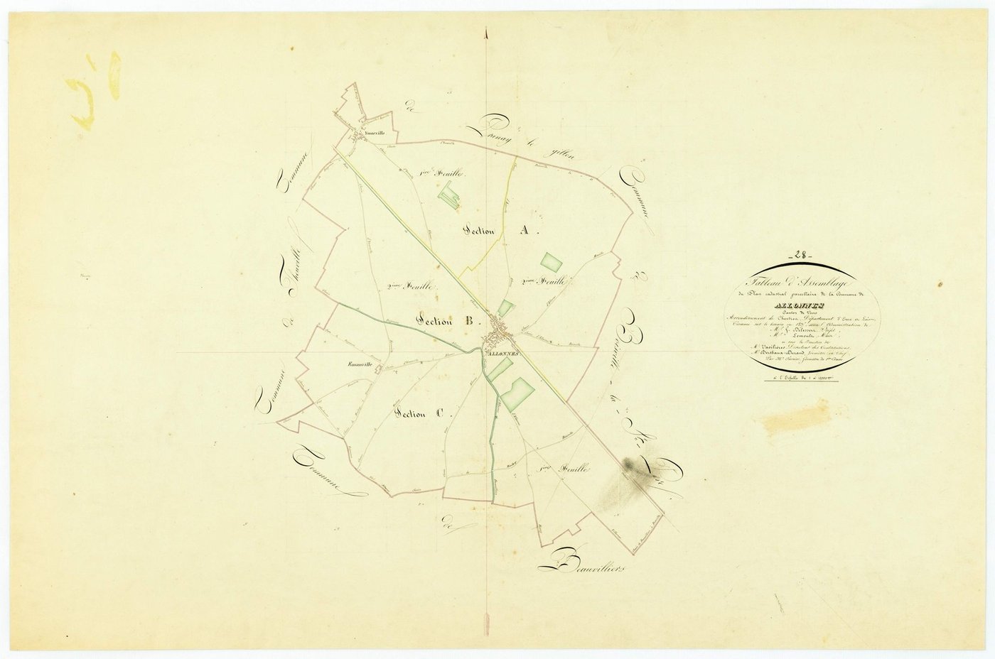 Tableau d'assemblage du plan cadastral parcellaire de la commune de Allonnes, Canton de Voves, Arrondissement de Chartres / Terminé sur le terrain en 1835 (...) par Monsieur Tarnier, Géomètre de 1ère classe.