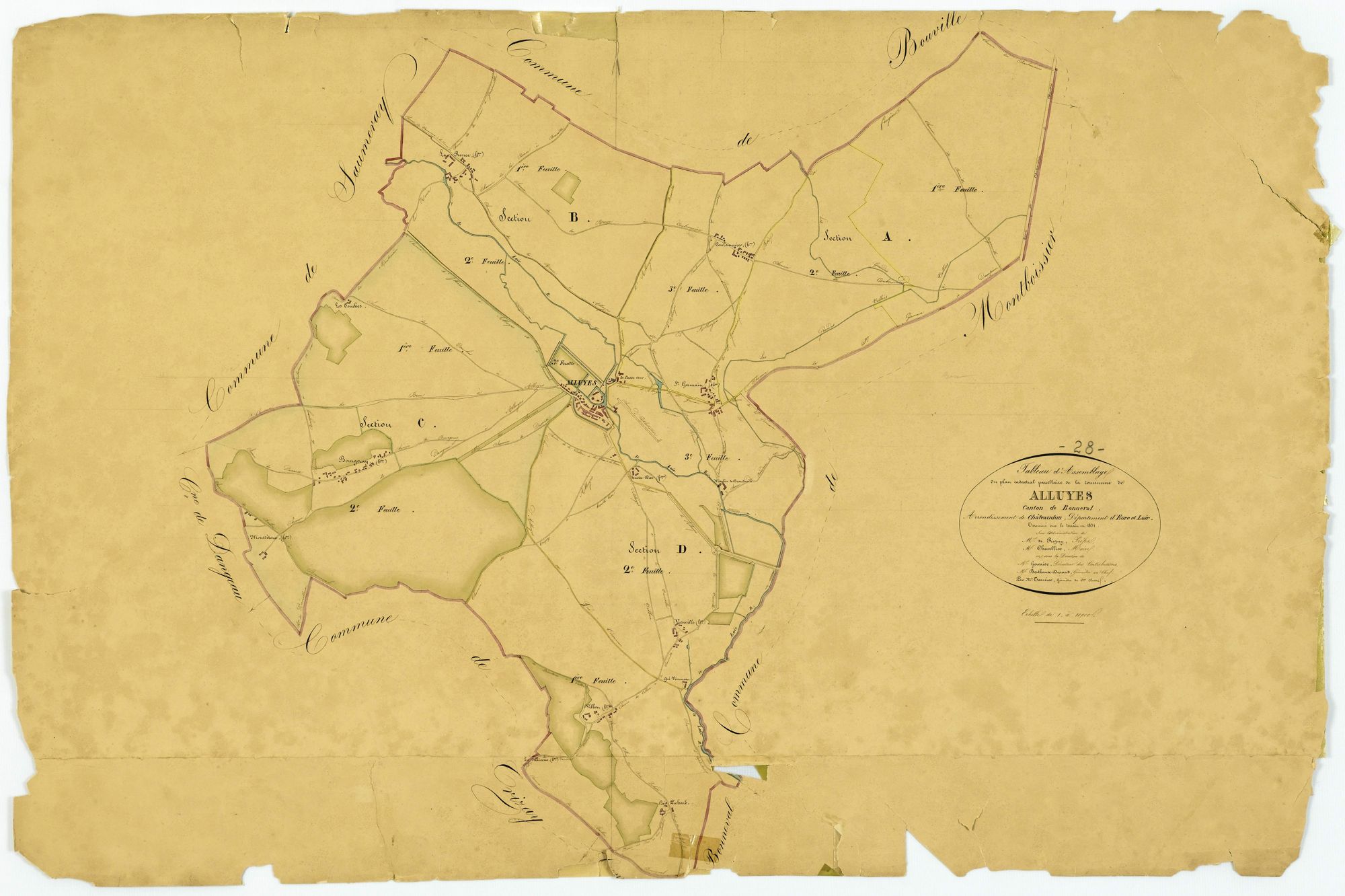 Tableau d'assemblage du plan cadastral parcellaire de la commune de Alluyes, Canton de Bonneval, Arrondissement de Châteaudun / Terminé sur le terrain en 1831 (...) par Monsieur Tarnier, Géomètre de 1ère classe.