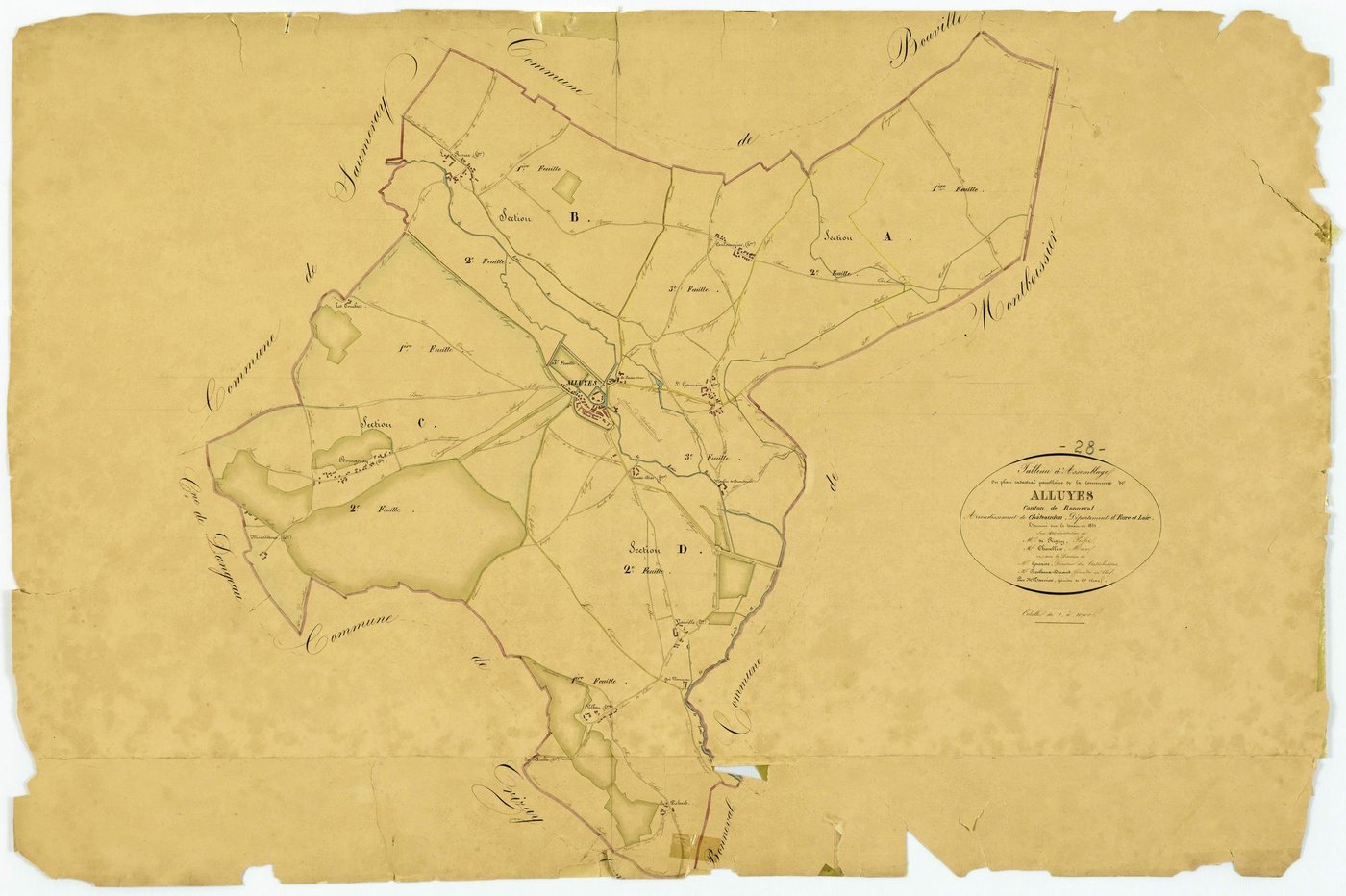 Tableau d'assemblage du plan cadastral parcellaire de la commune de Alluyes, Canton de Bonneval, Arrondissement de Châteaudun / Terminé sur le terrain en 1831 (...) par Monsieur Tarnier, Géomètre de 1ère classe.