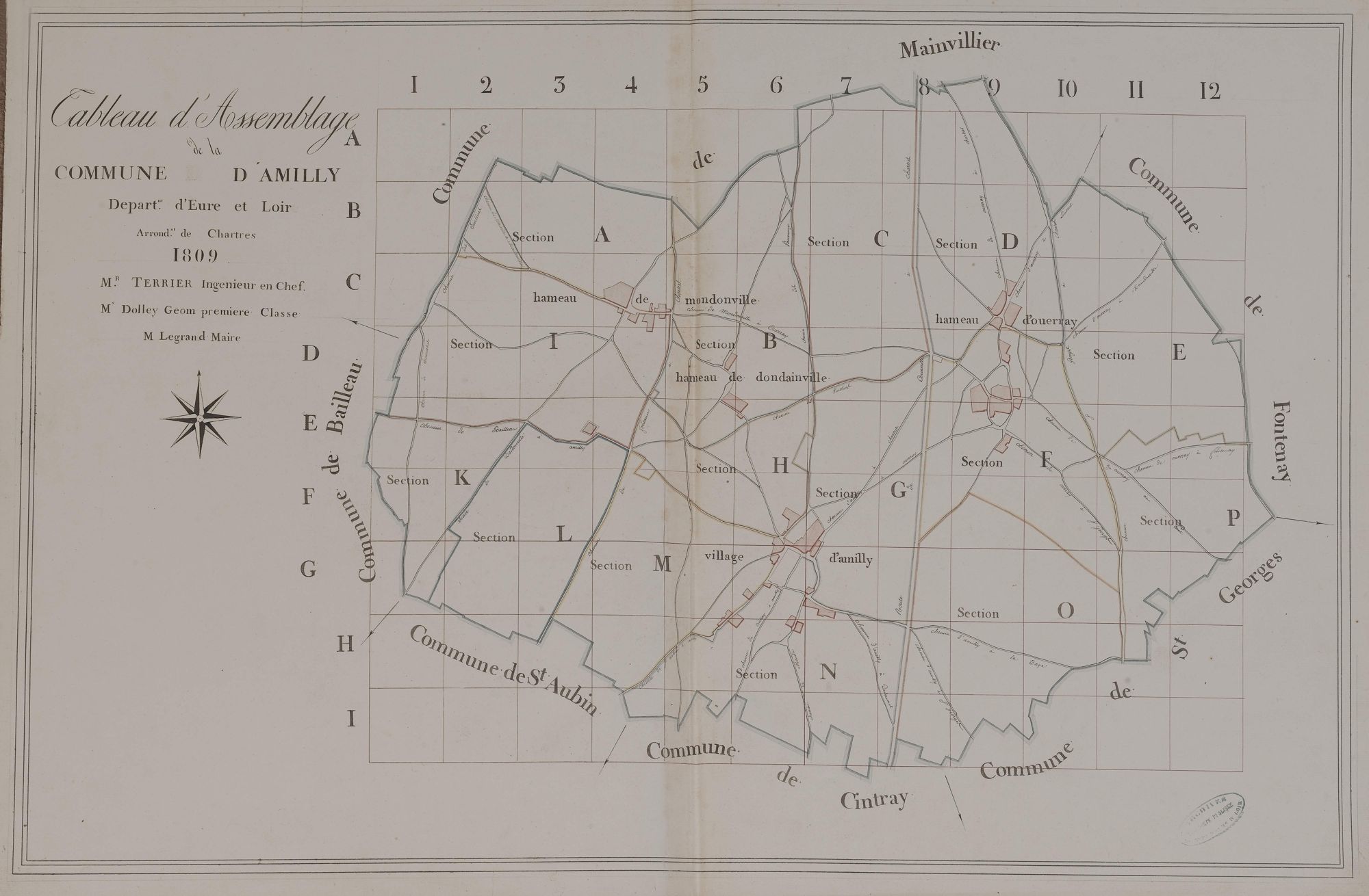 Tableau d'assemblage du plan parcellaire de la commune d'Amilly, Canton de Chartres, Arrondissement de Chartres / Terminé sur le terrain en 1809 (...) par Monsieur Dolley, Géomètre de 1ère classe.