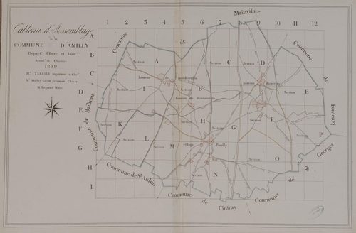 Tableau d'assemblage du plan parcellaire de la commune d'Amilly, Canton de Chartres, Arrondissement de Chartres / Terminé sur le terrain en 1809 (...) par Monsieur Dolley, Géomètre de 1ère classe.