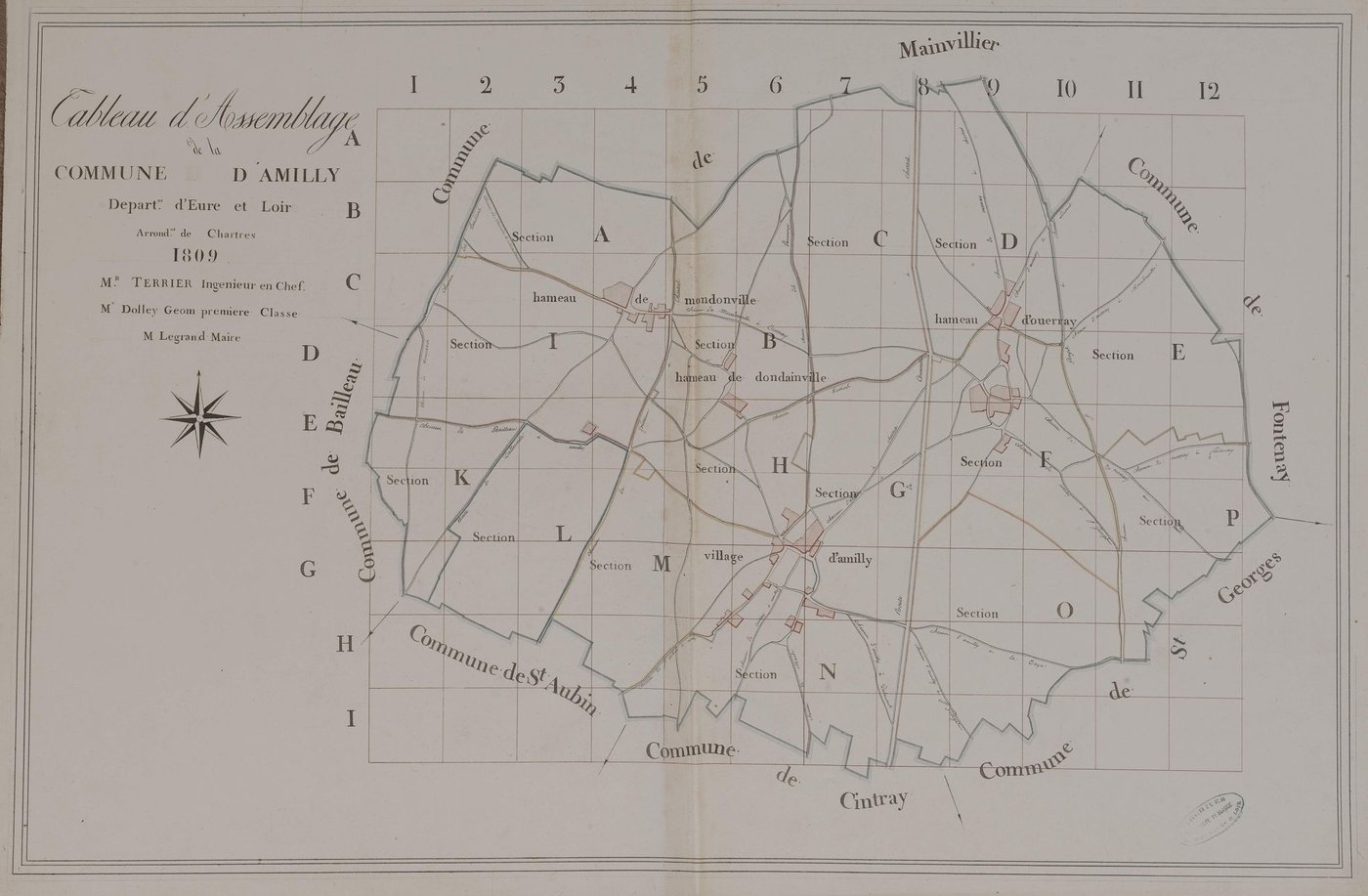 Tableau d'assemblage du plan parcellaire de la commune d'Amilly, Canton de Chartres, Arrondissement de Chartres / Terminé sur le terrain en 1809 (...) par Monsieur Dolley, Géomètre de 1ère classe.