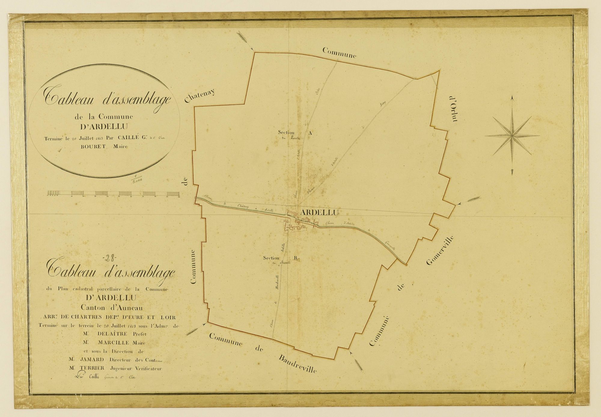 Tableau d'assemblage de la commune de Ardelu, Canton d'Auneau, Arrondissement de Chartres / Terminé sur le terrain le 20 juillet 1813 (...) par Monsieur Caillé, Géomètre de 1ère classe.