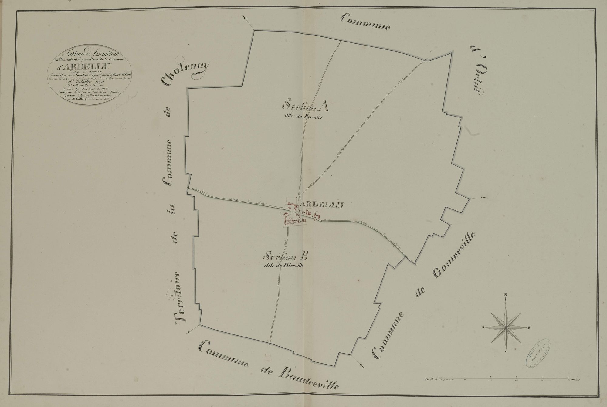 Tableau d'assemblage du plan parcellaire de la commune d'Ardelu, Canton d'Auneau, Arrondissement de Chartres / Terminé sur le terrain le 20 juillet 1813 (...) par Monsieur Caillé, Géomètre du cadastre.