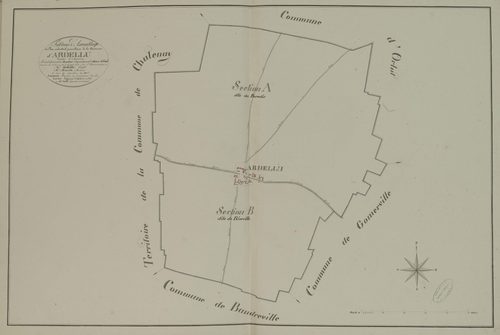 Tableau d'assemblage du plan parcellaire de la commune d'Ardelu, Canton d'Auneau, Arrondissement de Chartres / Terminé sur le terrain le 20 juillet 1813 (...) par Monsieur Caillé, Géomètre du cadastre.