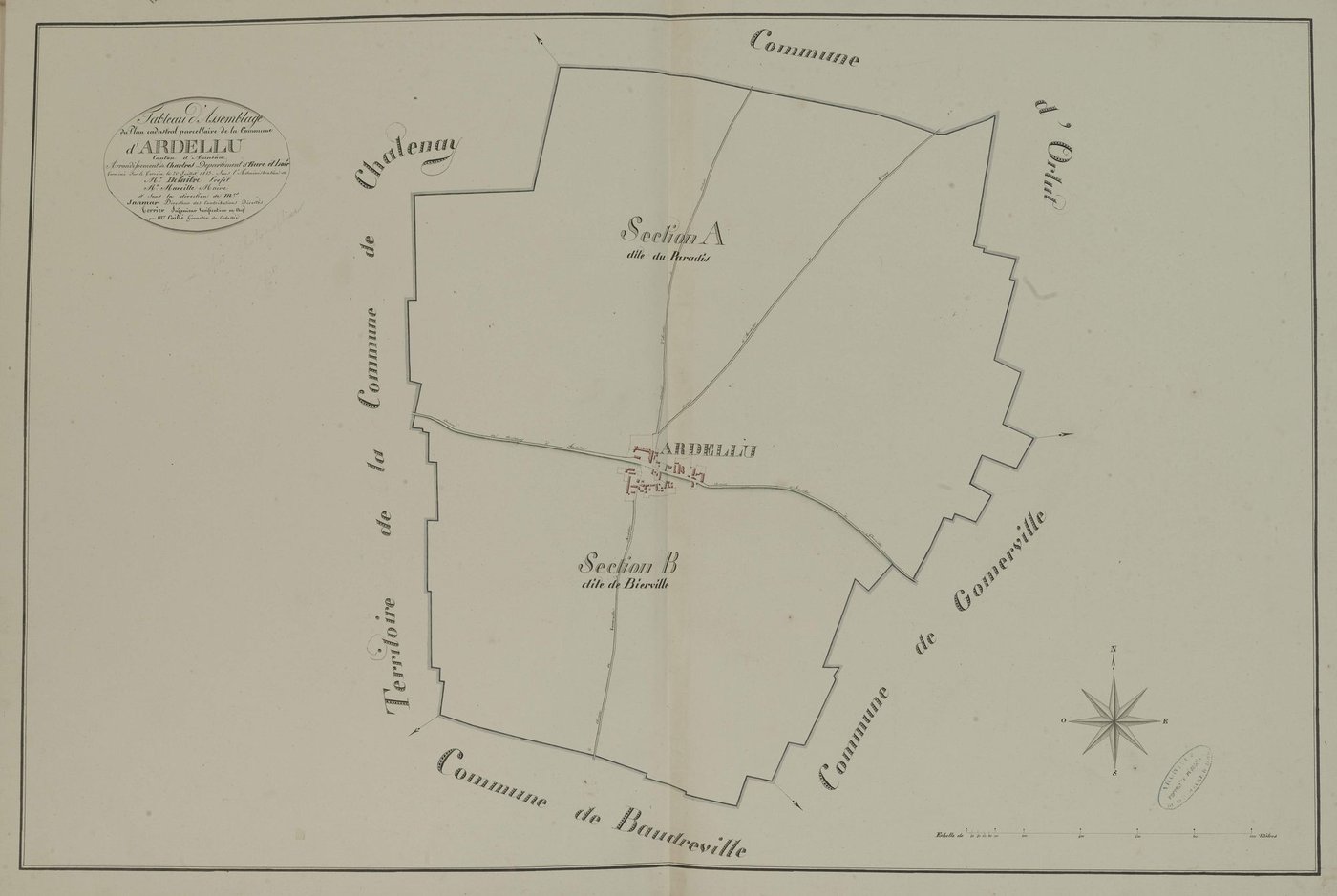 Tableau d'assemblage du plan parcellaire de la commune d'Ardelu, Canton d'Auneau, Arrondissement de Chartres / Terminé sur le terrain le 20 juillet 1813 (...) par Monsieur Caillé, Géomètre du cadastre.