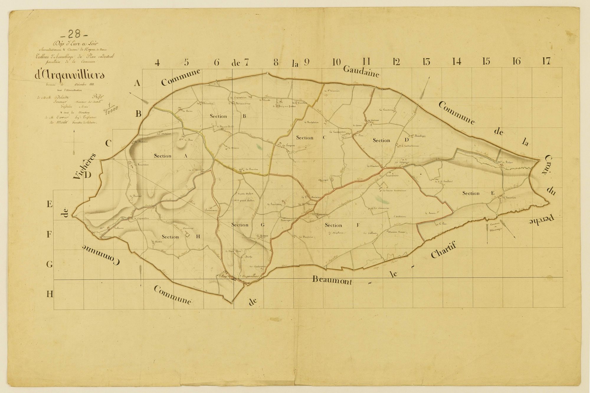 Tableau d'assemblage du plan parcellaire de commune de Argenvilliers, Arrondissement et Canton de Nogent-le-Rotrou / Terminé en décembre 1811 (...) par Monsieur Morlet, Géomètre du cadastre.