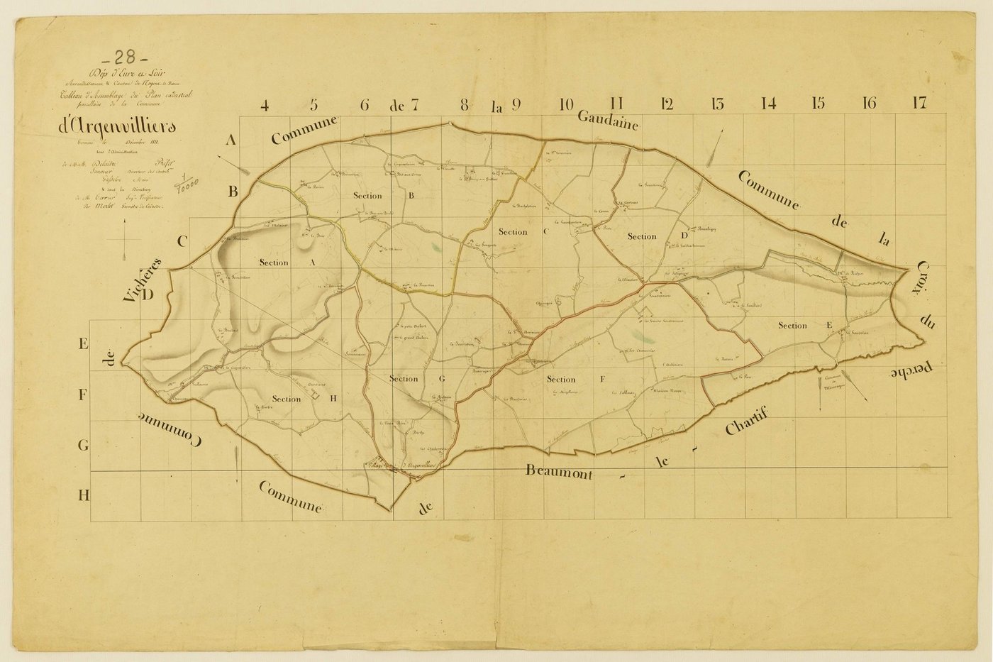 Tableau d'assemblage du plan parcellaire de commune de Argenvilliers, Arrondissement et Canton de Nogent-le-Rotrou / Terminé en décembre 1811 (...) par Monsieur Morlet, Géomètre du cadastre.