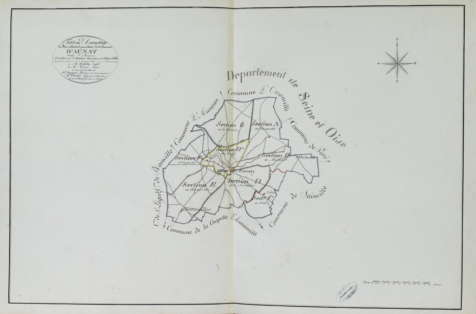 Tableau d'assemblage du plan parcellaire de la commune d'Aunay-sous-Auneau, Canton d'Auneau, Arrondissement de Chartres / Terminé sur le terrain le 1er décembre 1812 (...) par Monsieur Reboul, Géomètre du cadastre.
