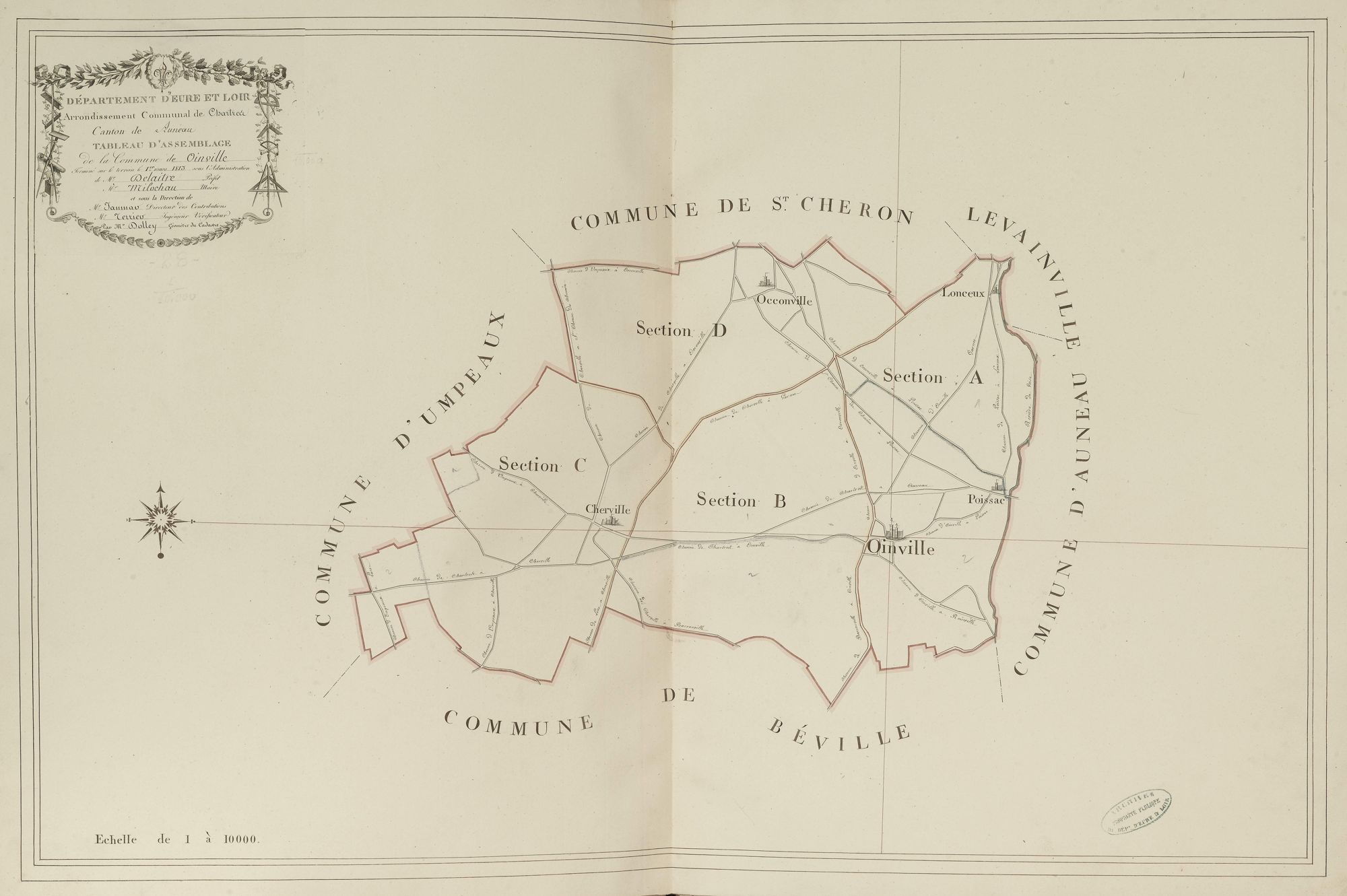 Tableau d'assemblage du plan parcellaire de la commune d'Oinville-sous-Auneau, Canton d'Auneau, Arrondissement de Chartres / Terminé sur le terrain le 1er mars 1813 (...) par Monsieur Dolley, Géomètre du cadastre.