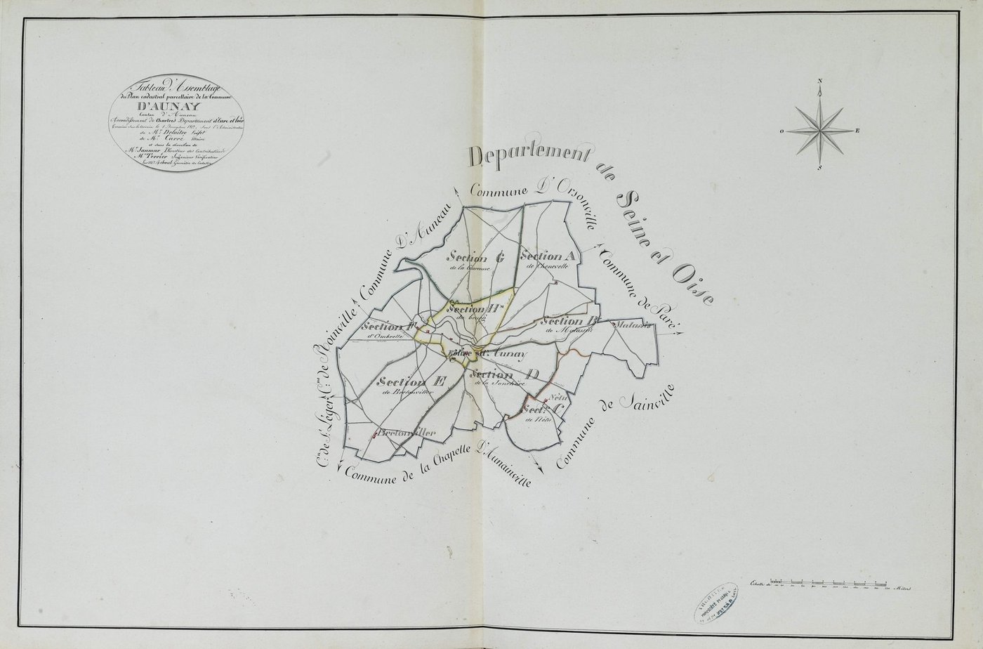 Tableau d'assemblage du plan parcellaire de la commune d'Aunay-sous-Auneau, Canton d'Auneau, Arrondissement de Chartres / Terminé sur le terrain le 1er décembre 1812 (...) par Monsieur Reboul, Géomètre du cadastre.