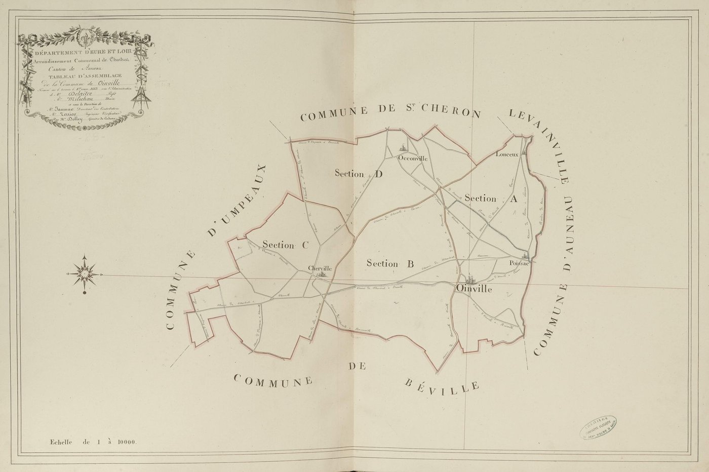 Tableau d'assemblage du plan parcellaire de la commune d'Oinville-sous-Auneau, Canton d'Auneau, Arrondissement de Chartres / Terminé sur le terrain le 1er mars 1813 (...) par Monsieur Dolley, Géomètre du cadastre.