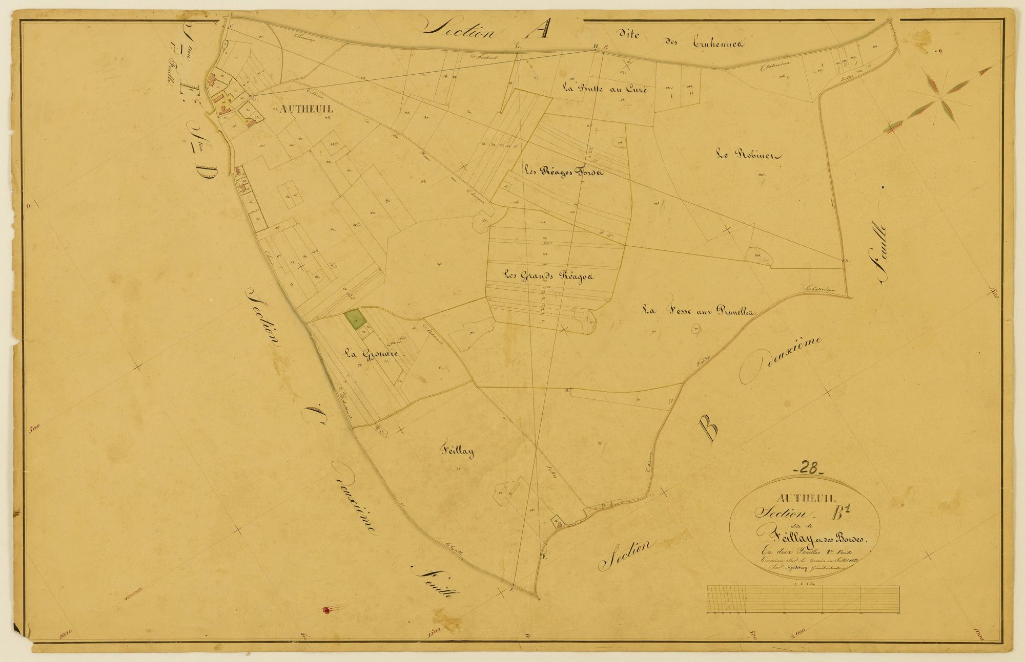 Section B, Feillay et les Bordes, feuille 1 / Terminée sur le terrain par Monsieur Godefroy, Géomètre secondaire.