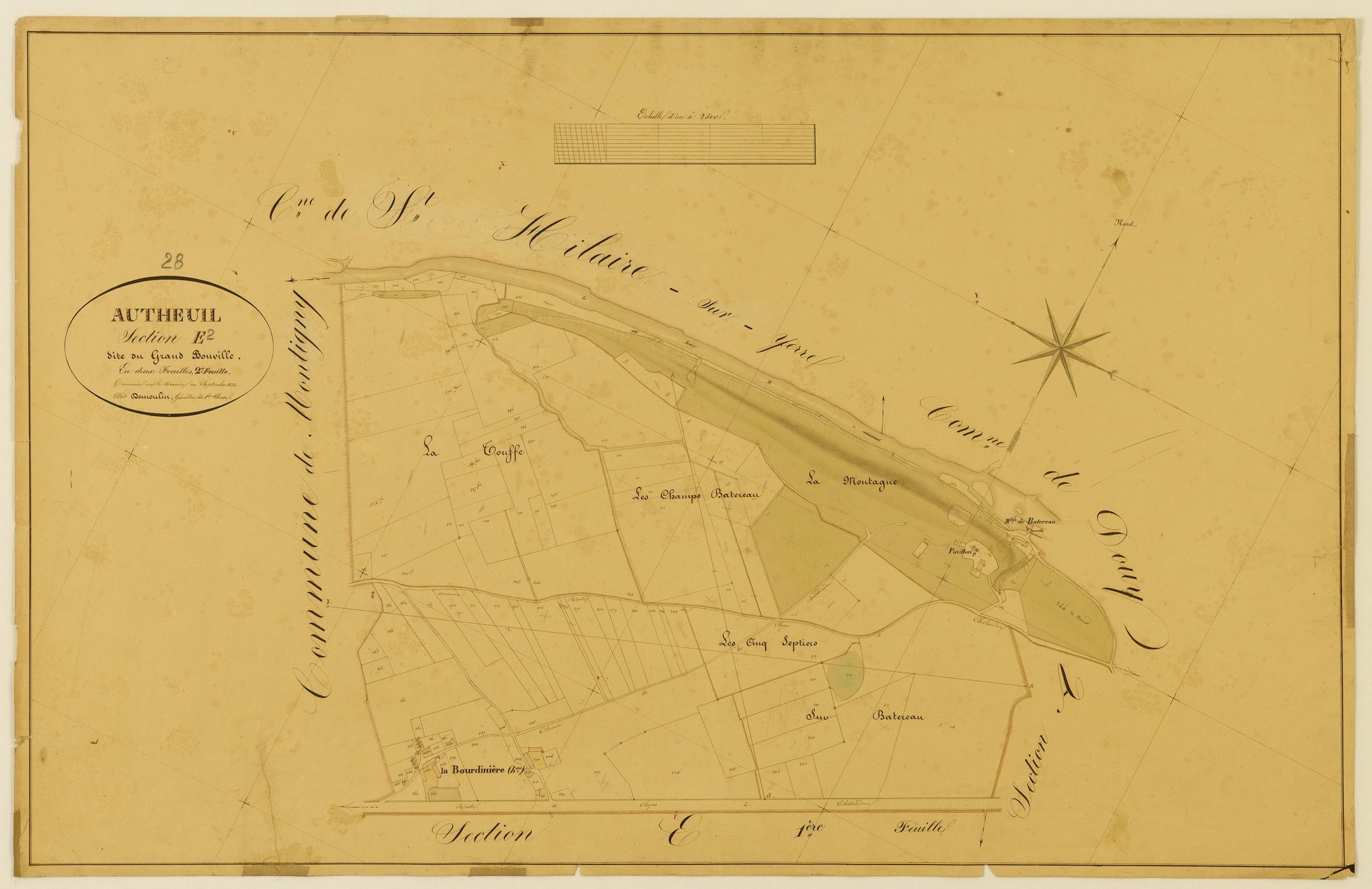 Section E, Grand-Bouville, feuille 2 / Terminée sur le terrain (...) par Monsieur Démoulin, Géomètre de 1ère classe.