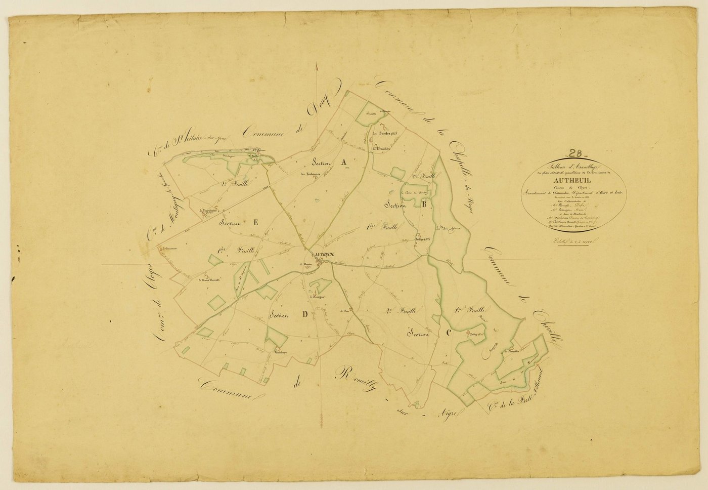 Tableau d'assemblage du plan cadastral parcellaire de la commune de Autheuil, Canton de Cloyes, Arrondissement de Châteaudun / Terminé sur le terrain en 1833 (...) par Monsieur Démoulin, Géomètre de 1ère classe.