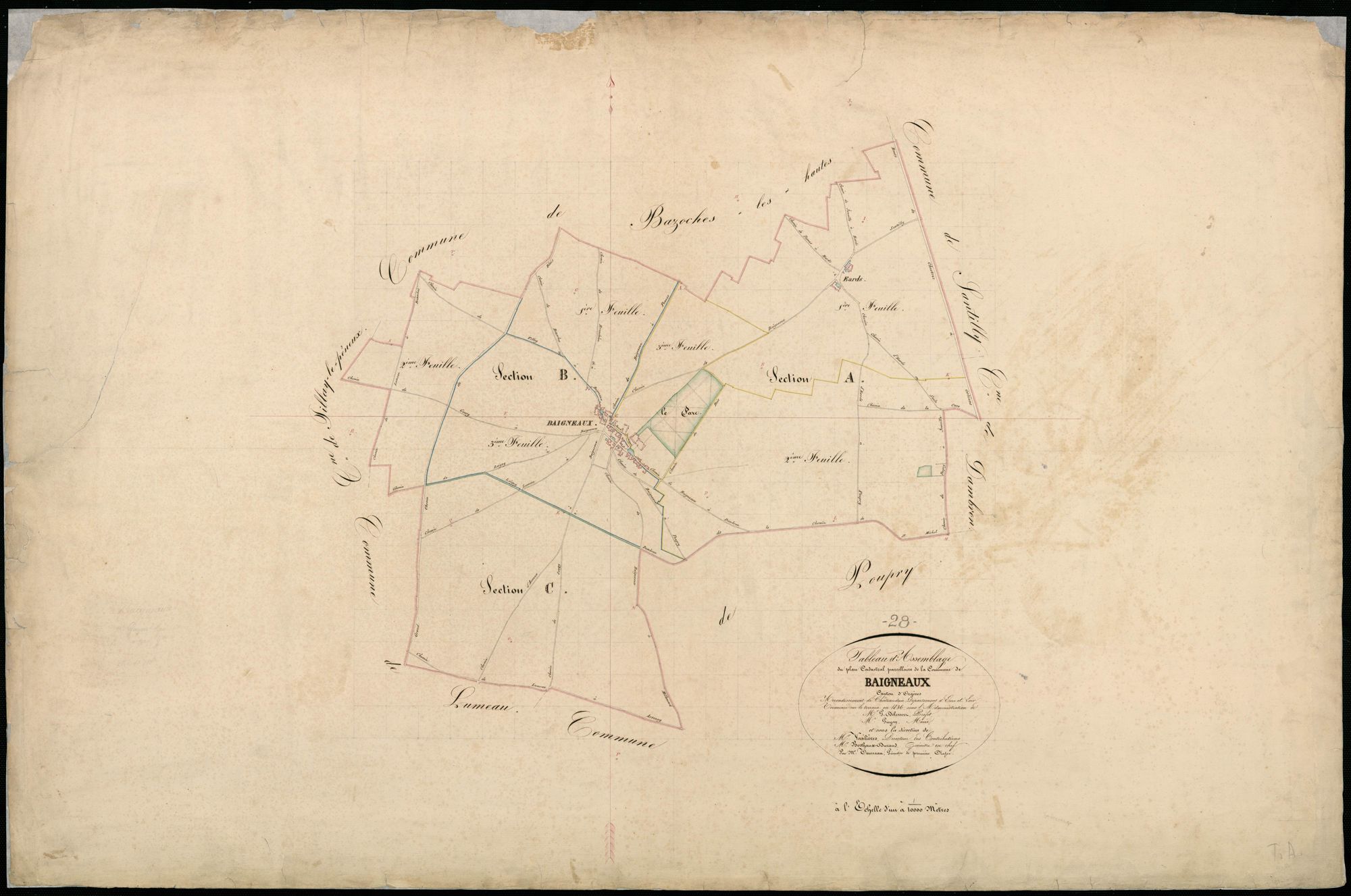 Tableau d'assemblage du plan cadastral parcellaire de la commune de Baigneaux, Canton d'Orgères, Arrondissement de Châteaudun / Terminé en 1836 (...) par Monsieur Teurreau, Géomètre de 1ère classe.