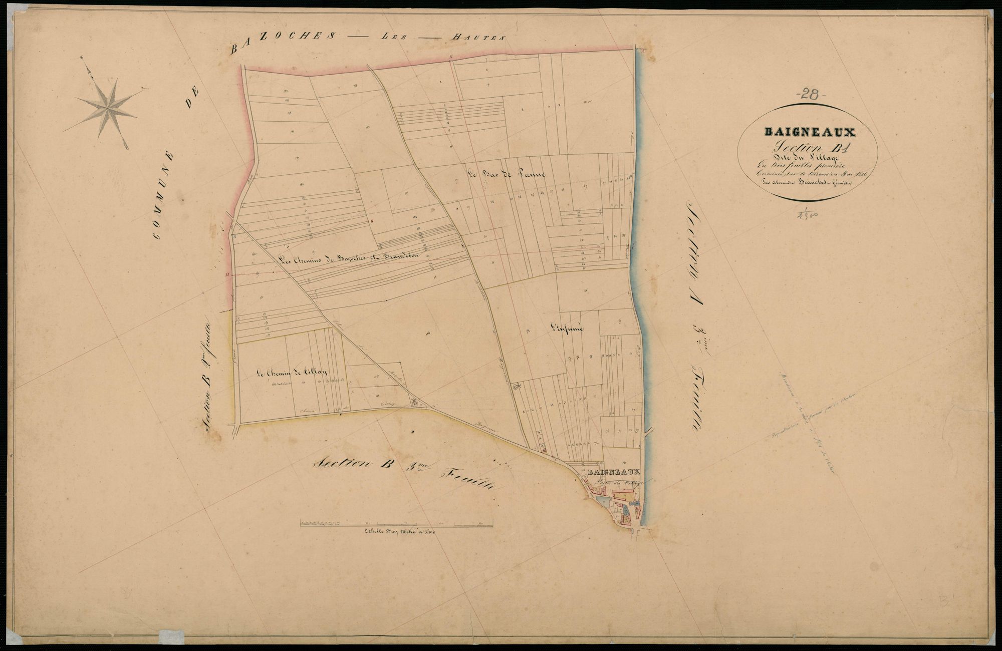 Section B, le Village, feuille 1 / Terminée sur le terrain par Monsieur Beauchet, Géomètre.