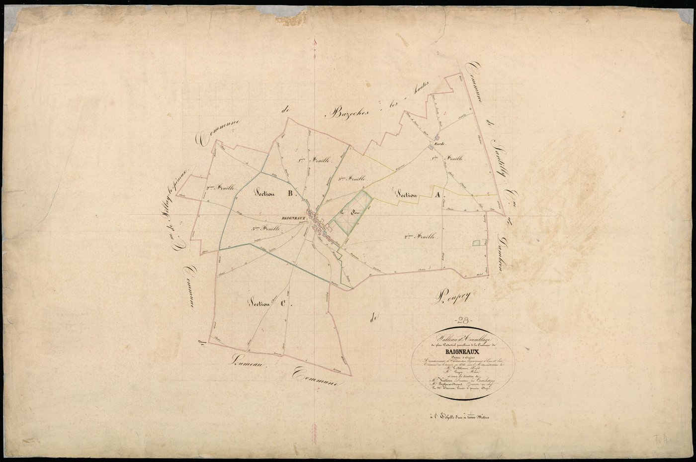 Tableau d'assemblage du plan cadastral parcellaire de la commune de Baigneaux, Canton d'Orgères, Arrondissement de Châteaudun / Terminé en 1836 (...) par Monsieur Teurreau, Géomètre de 1ère classe.
