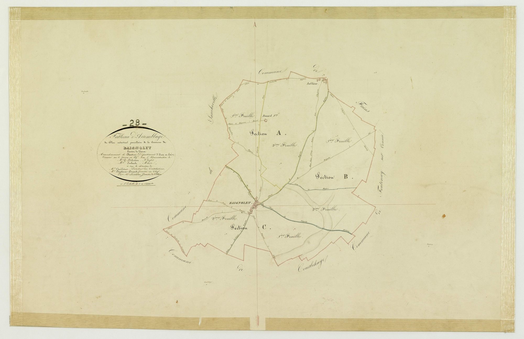 Tableau d'assemblage du plan cadastral parcellaire de la commune de Baignolet, Canton de Voves, Arrondissement de Chartres / Terminé sur le terrain en 1835 (...) par Monsieur Lelouatre, Géomètre de 1ère classe.