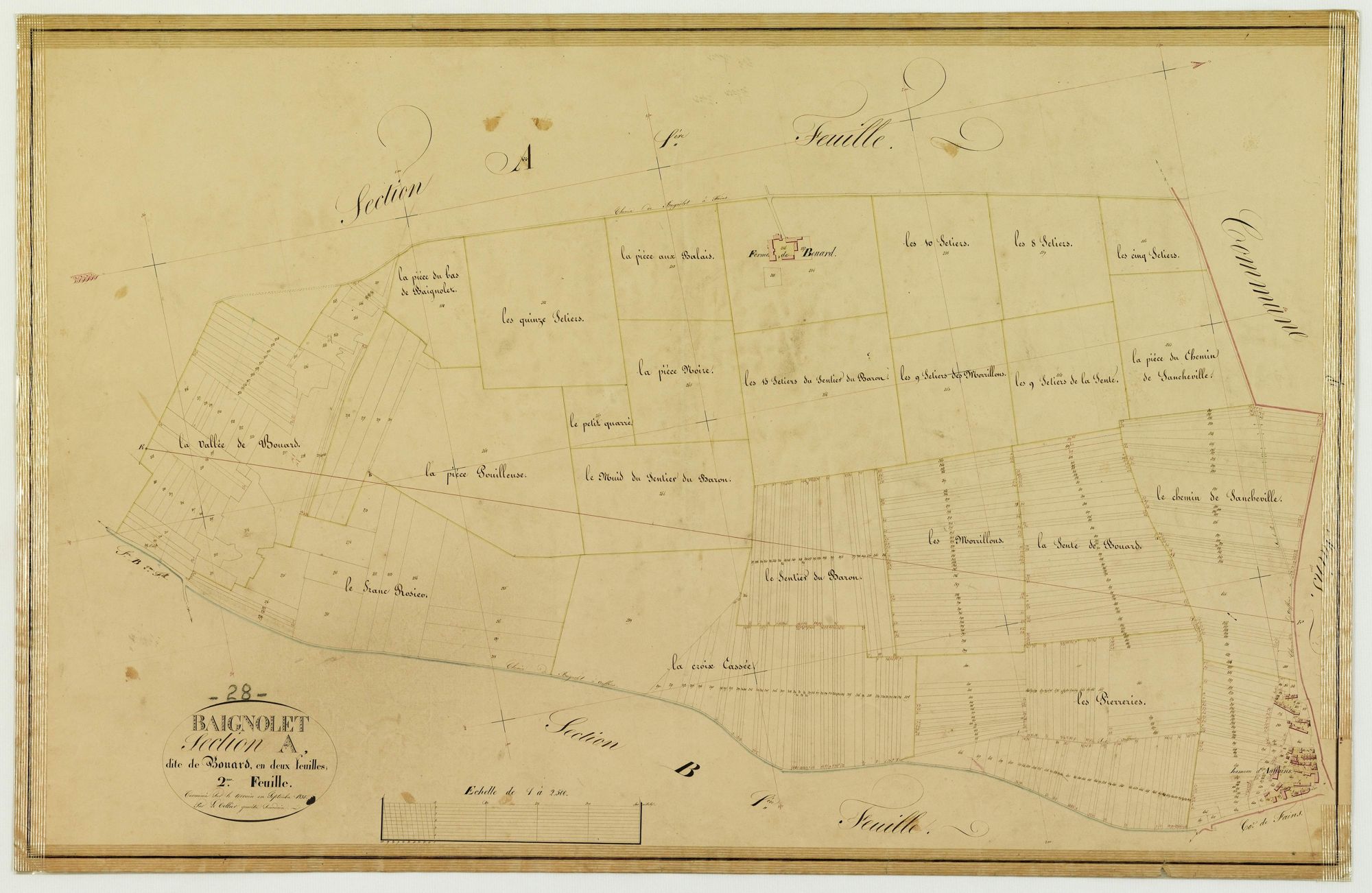 Section A, Bouard, feuille 2 / Terminée sur le terrain par Monsieur Letellier, Géomètre secondaire.