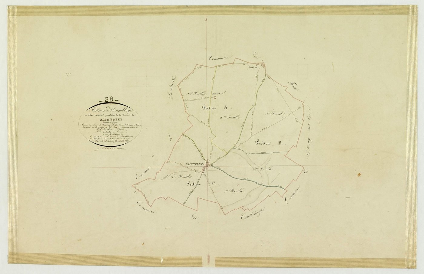 Tableau d'assemblage du plan cadastral parcellaire de la commune de Baignolet, Canton de Voves, Arrondissement de Chartres / Terminé sur le terrain en 1835 (...) par Monsieur Lelouatre, Géomètre de 1ère classe.