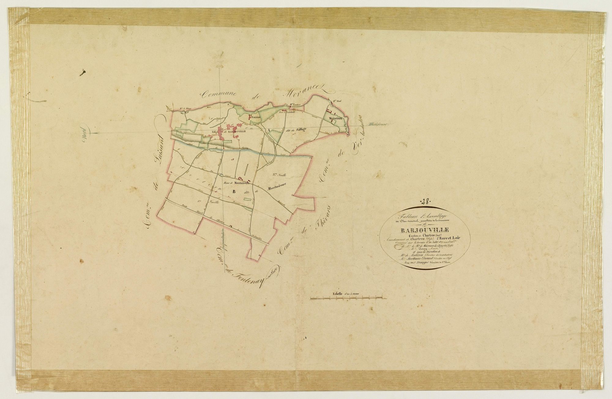 Tableau d'assemblage du plan cadastral parcellaire de la commune de Barjouville, Canton de Chartres (sud), Arrondissement de Chartres / Terminé sur le terrain en juillet 1825 (...) par Monsieur Mauger, Géomètre de 1ère classe.