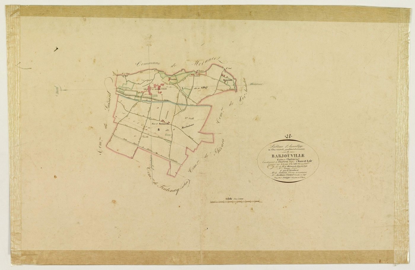 Tableau d'assemblage du plan cadastral parcellaire de la commune de Barjouville, Canton de Chartres (sud), Arrondissement de Chartres / Terminé sur le terrain en juillet 1825 (...) par Monsieur Mauger, Géomètre de 1ère classe.