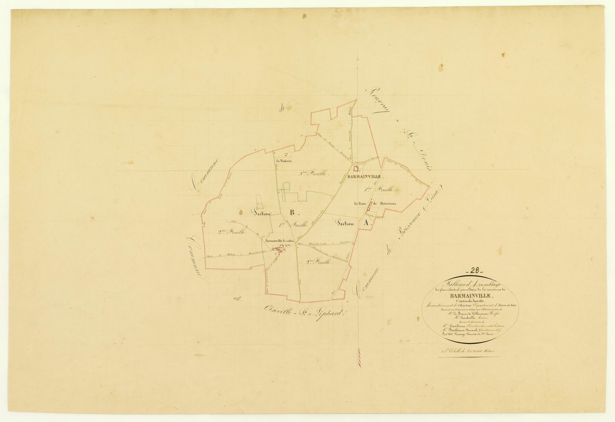 Tableau d'assemblage du plan cadastral parcellaire de la commune de Barmainville, Canton de Janville, Arrondissement de Chartres / Terminé sur le terrain en 1839 (...) par Monsieur Lesage, Géomètre de 1ère classe.