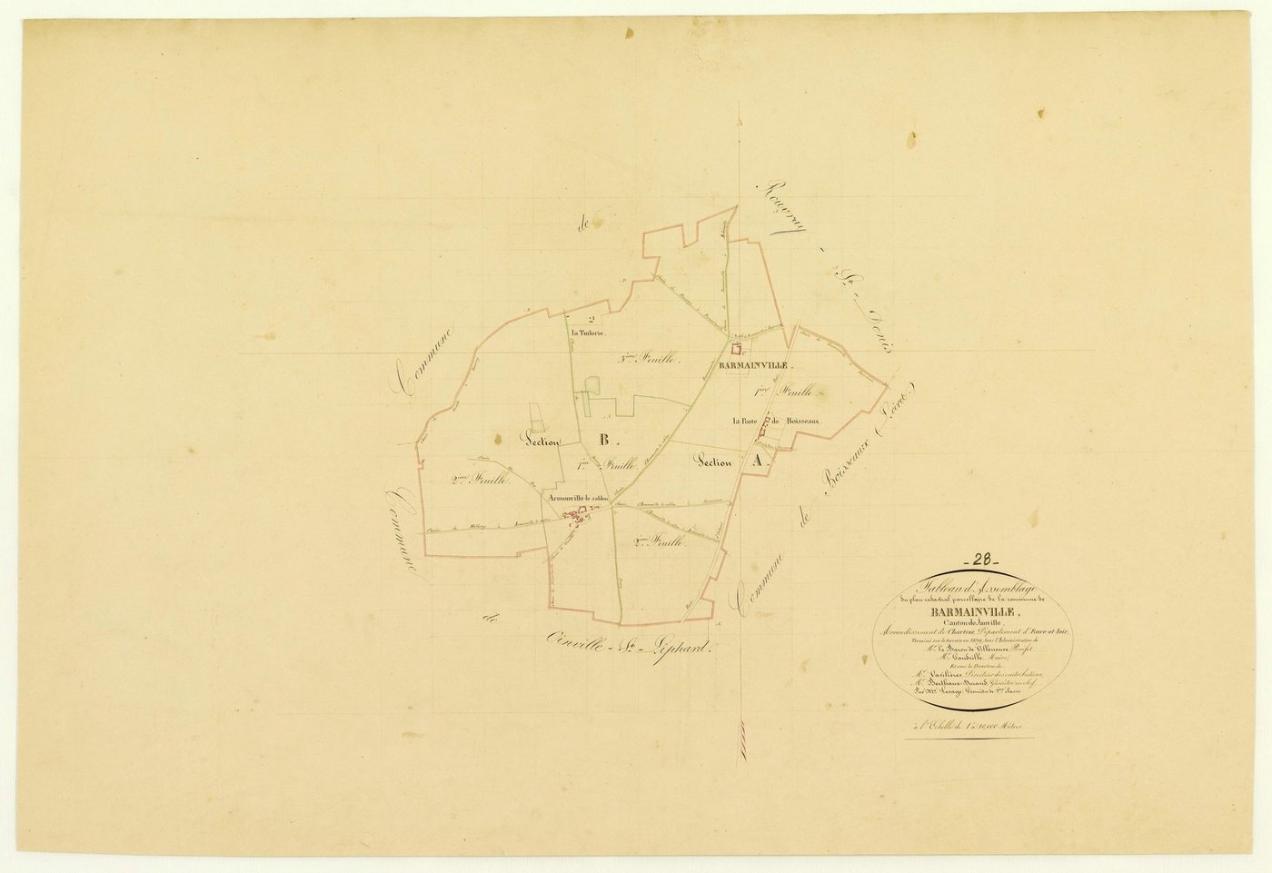 Tableau d'assemblage du plan cadastral parcellaire de la commune de Barmainville, Canton de Janville, Arrondissement de Chartres / Terminé sur le terrain en 1839 (...) par Monsieur Lesage, Géomètre de 1ère classe.