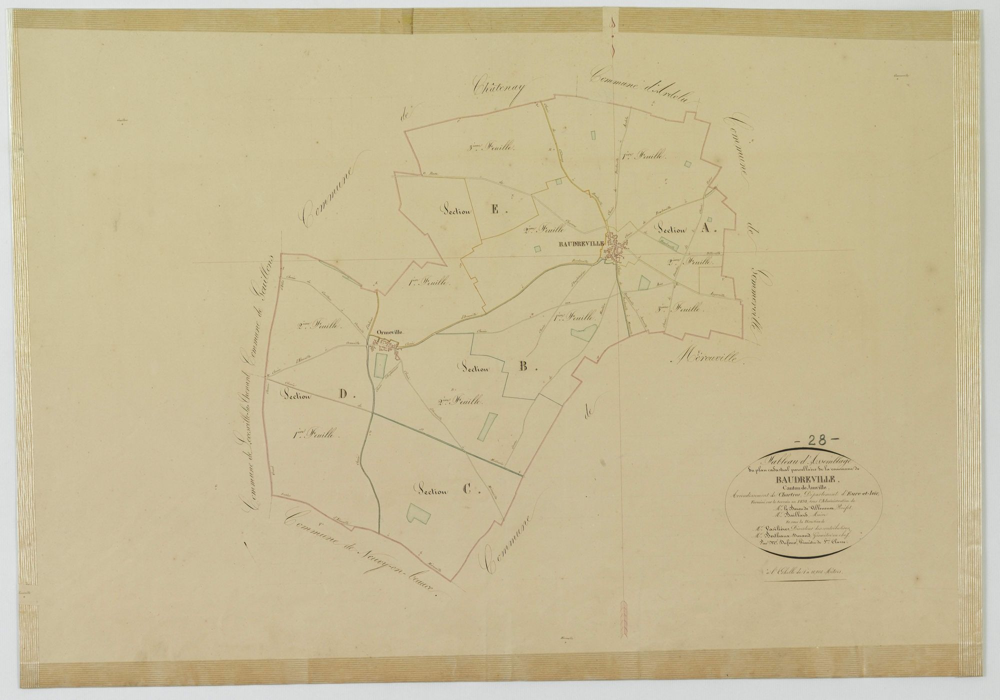 Tableau d'assemblage du plan cadastral parcellaire de la commune de Baudreville, Canton de Janville, Arrondissement de Chartres / Terminé sur le terrain en 1838 (...) par Monsieur Dufour, Géomètre de 1ère classe.
