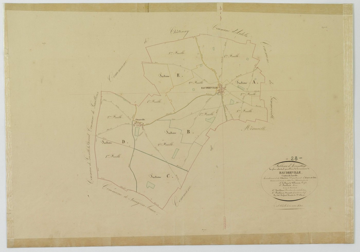 Tableau d'assemblage du plan cadastral parcellaire de la commune de Baudreville, Canton de Janville, Arrondissement de Chartres / Terminé sur le terrain en 1838 (...) par Monsieur Dufour, Géomètre de 1ère classe.
