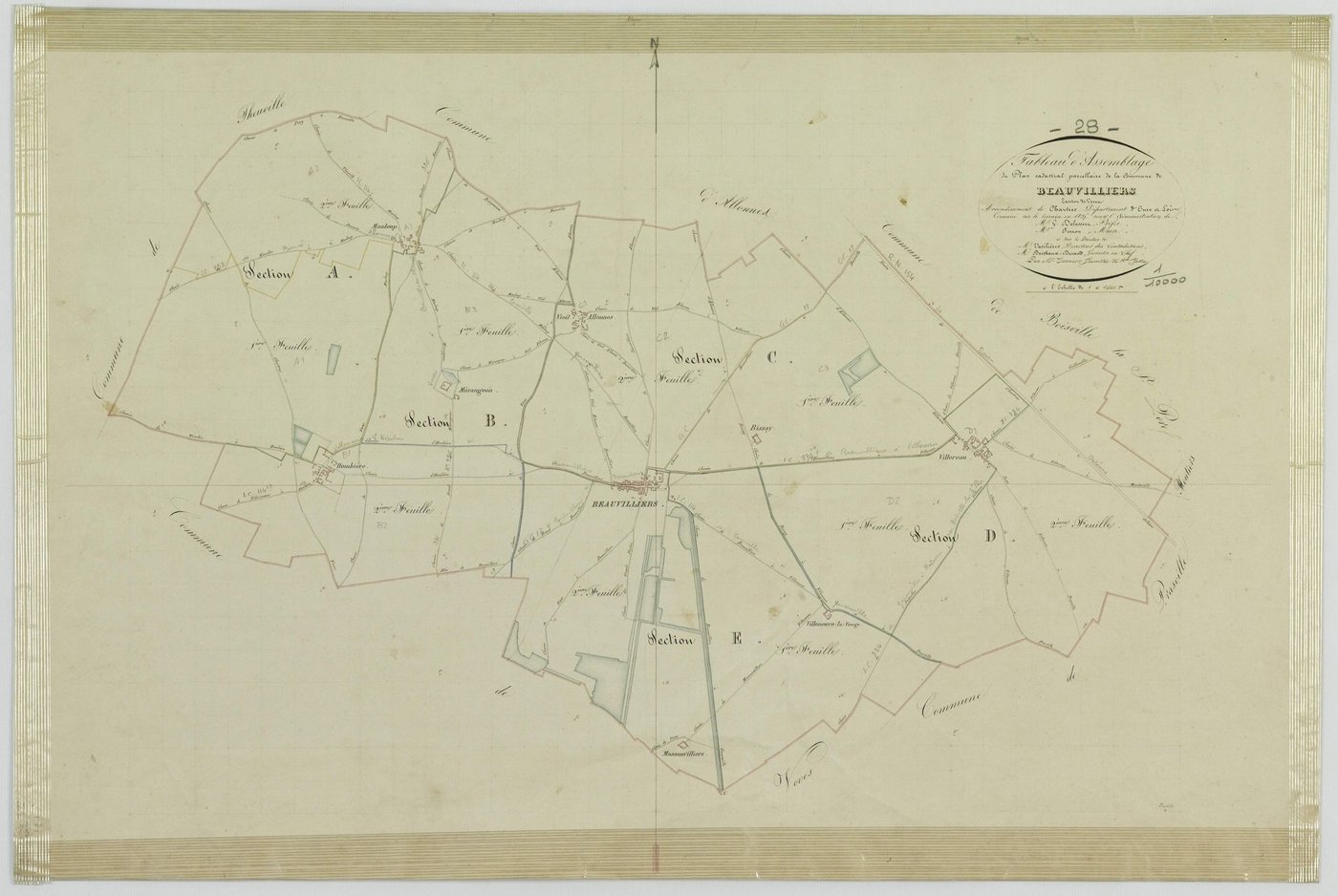 Tableau d'assemblage du plan cadastral parcellaire de la commune de Beauvilliers, Cantons de Voves, Arrondissement de Chartres / Terminé sur le terrain en 1835 par Monsieur Tarnier, Géomètre de 1ère classe.