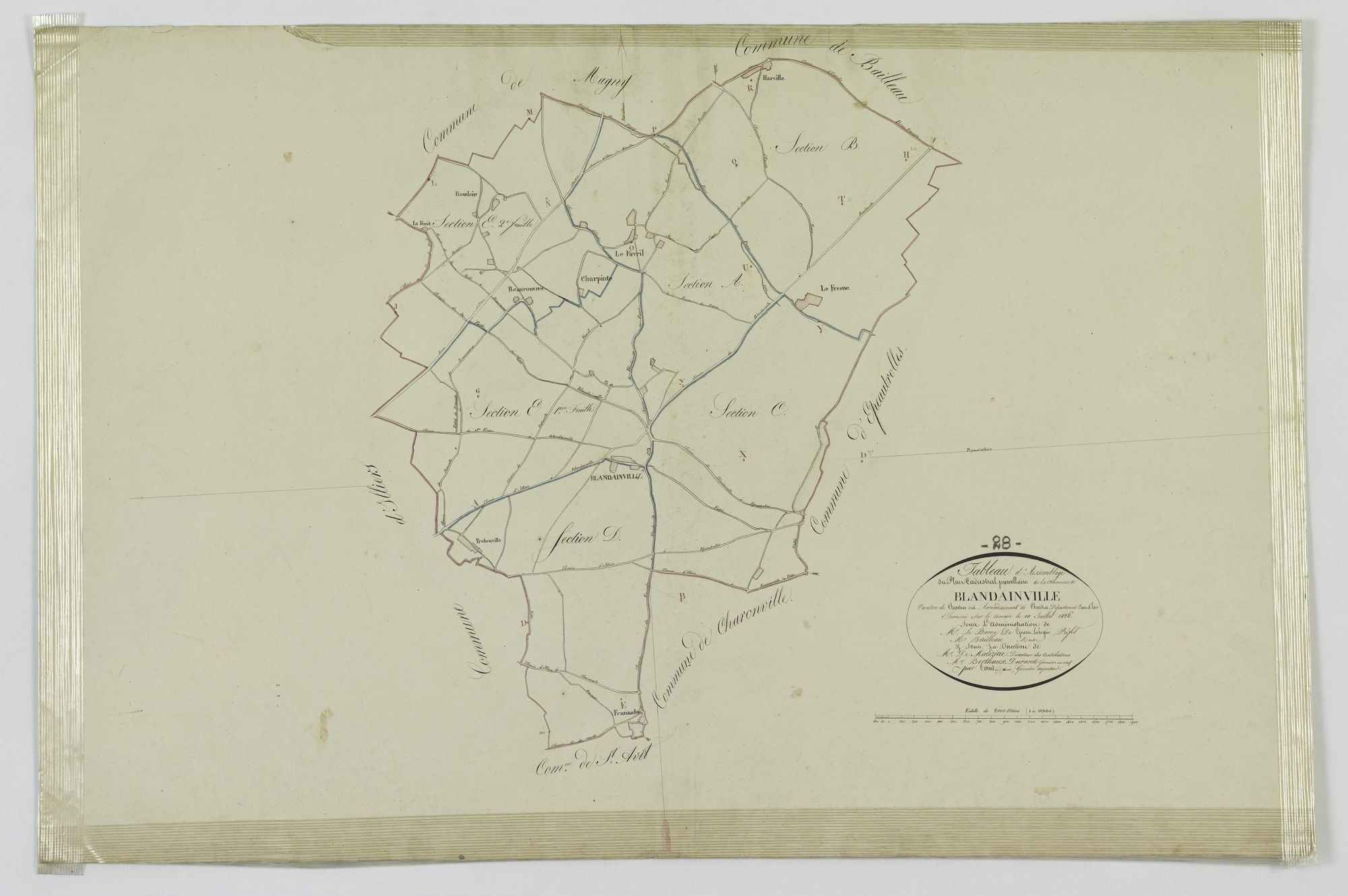 Tableau d'assemblage du plan cadastral parcellaire de la commune de Blandainville, Canton de Chartres-sud, Arrondissement de Chartres / Terminé sur le terrain le 10 avril 1826 (...) par Monsieur Court, Géomètre arpenteur.