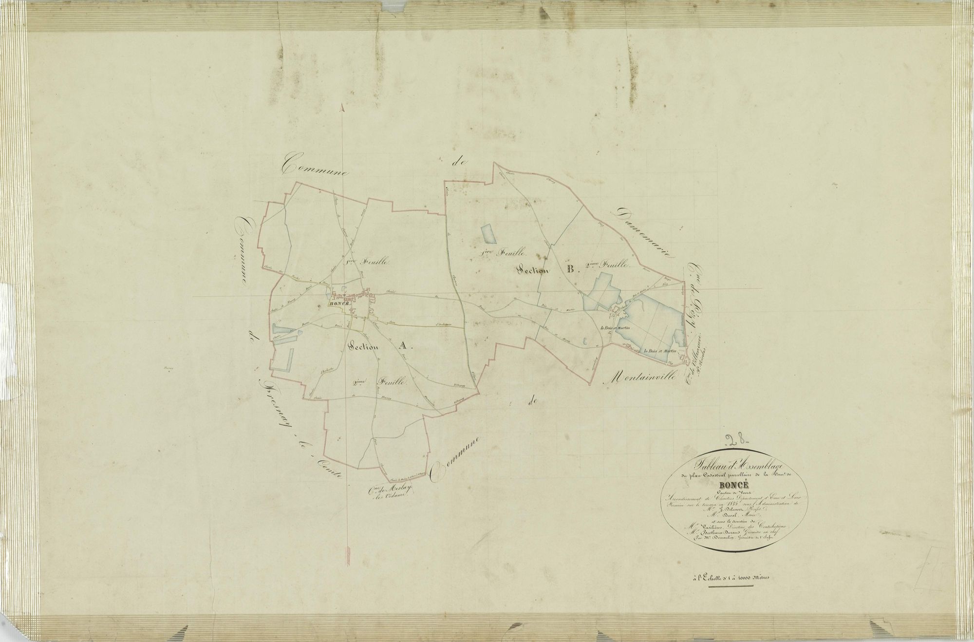 Tableau d'assemblage du plan cadastral parcellaire de la commune de Boncé, Canton de Voves, Arrondissement de Chartres / Terminé sur le terrain en 1835 (...) par Monsieur Desmoulin, Géomètre de 1ère classe.