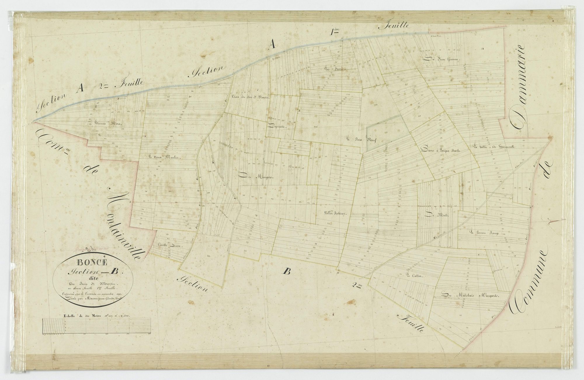 Section B, le Bois Saint Martin, feuille 1 / Terminée sur le terrain par Monsieur Massougeune, Géomètre secondaire.