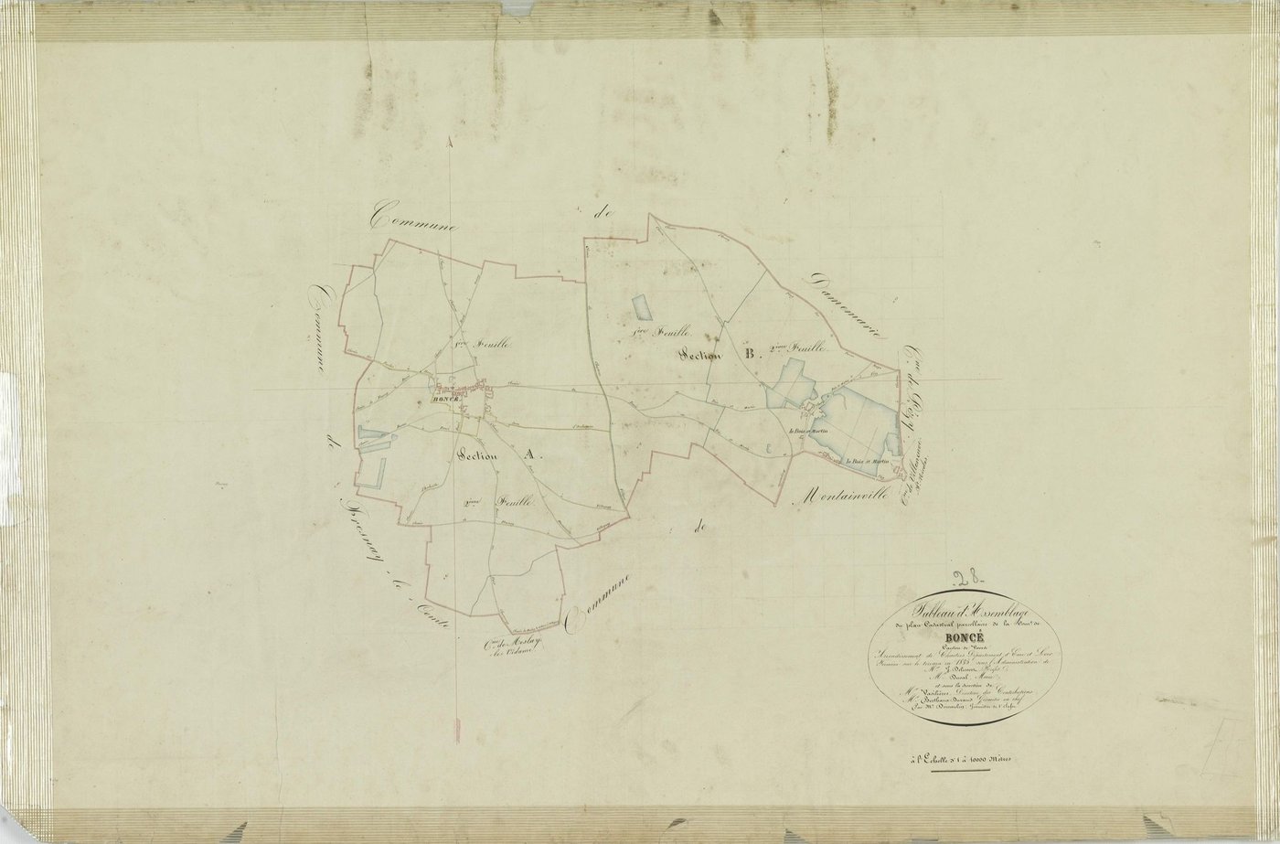 Tableau d'assemblage du plan cadastral parcellaire de la commune de Boncé, Canton de Voves, Arrondissement de Chartres / Terminé sur le terrain en 1835 (...) par Monsieur Desmoulin, Géomètre de 1ère classe.