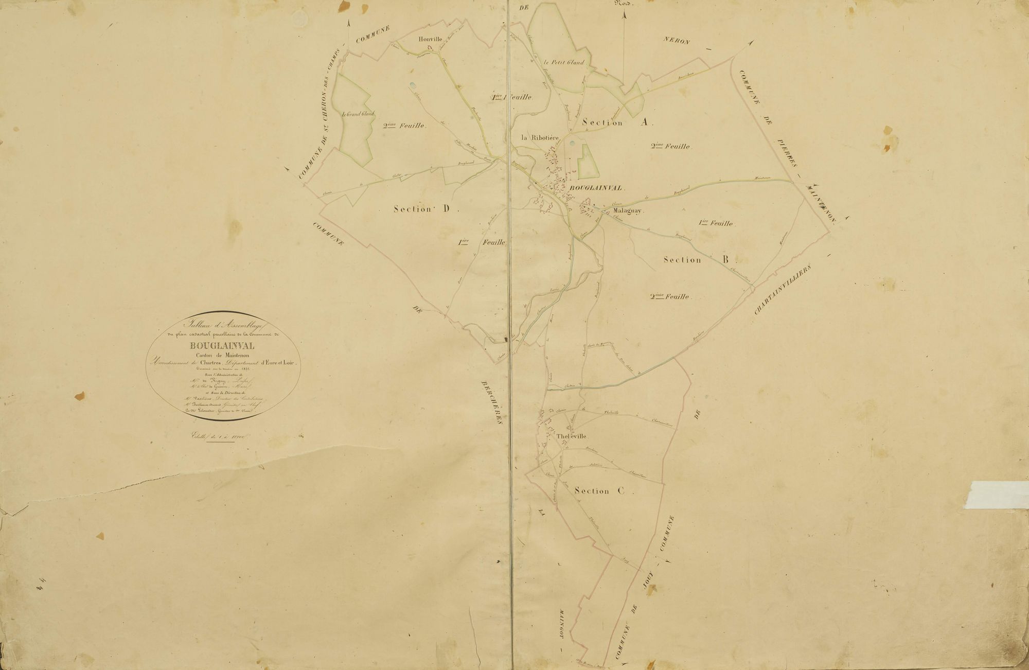 Tableau d'assemblage du plan cadastral parcellaire de la commune de Bouglainval, Canton de Maintenon, Arrondissement de Chartres / Terminé sur le terrain en 1832 (...) par M. Lelouatre, géomètre de 1ère classe.