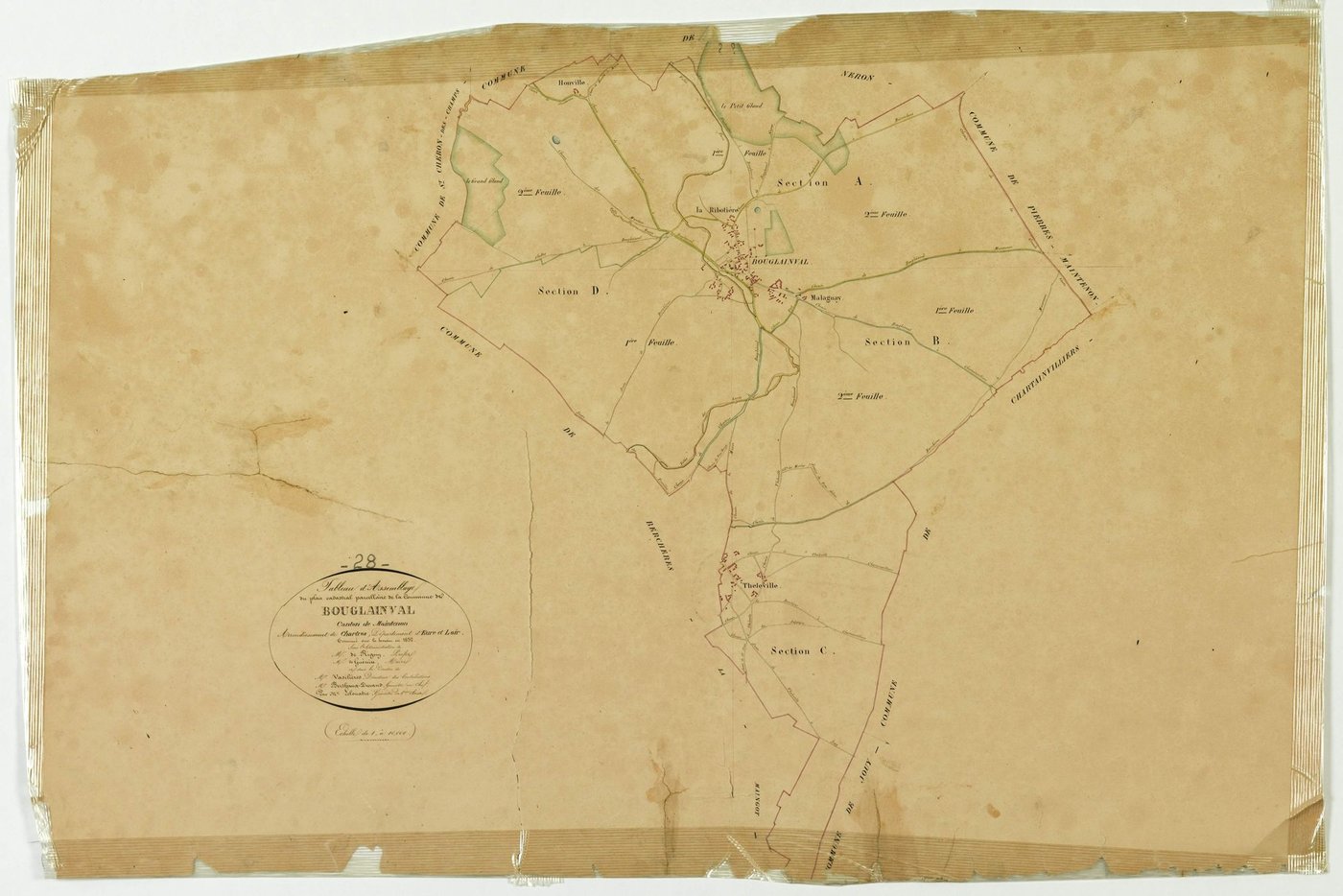 Tableau d'assemblage du plan cadastral parcellaire de la commune de Bouglainval, Canton de Maintenon, Arrondissement de Chartres / Terminé sur le terrain en 1832 (...) par Monsieur Lelouatre, Géomètre de 1ère classe.