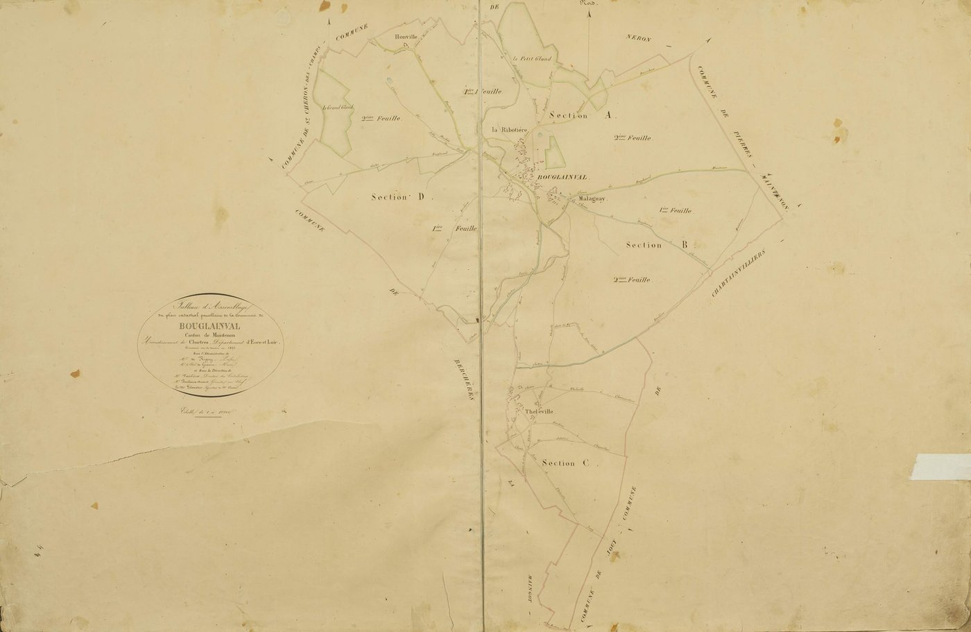 Tableau d'assemblage du plan cadastral parcellaire de la commune de Bouglainval, Canton de Maintenon, Arrondissement de Chartres / Terminé sur le terrain en 1832 (...) par M. Lelouatre, géomètre de 1ère classe.