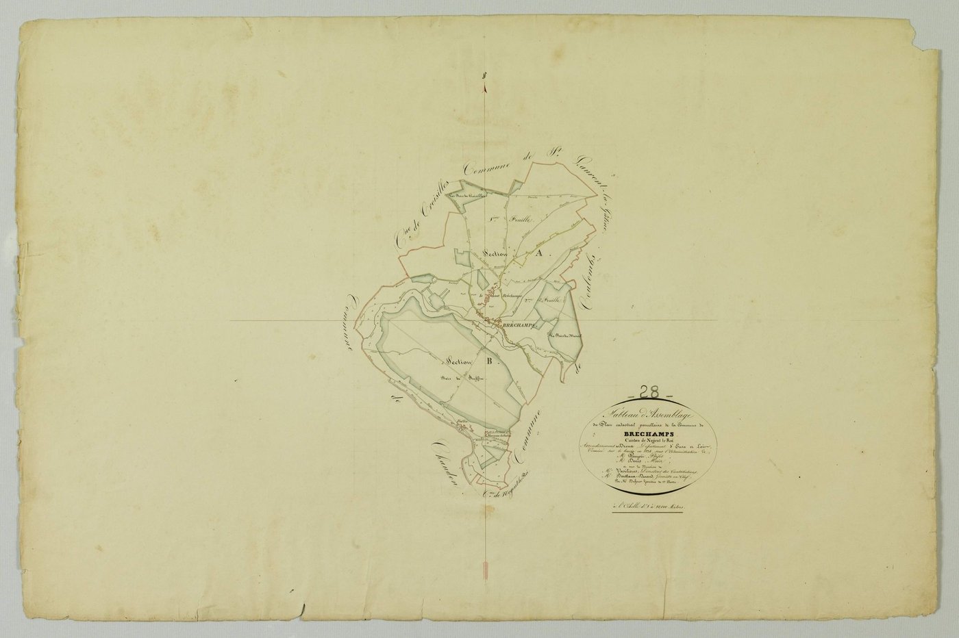 Tableau d'assemblage du plan cadastral parcellaire de la commune de Bréchamps, Canton de Nogent-le-Roi, Arrondissement de Dreux / Terminé sur le terrain en 1834 (...) par Monsieur Dufour, Géomètre de 1ère classe.