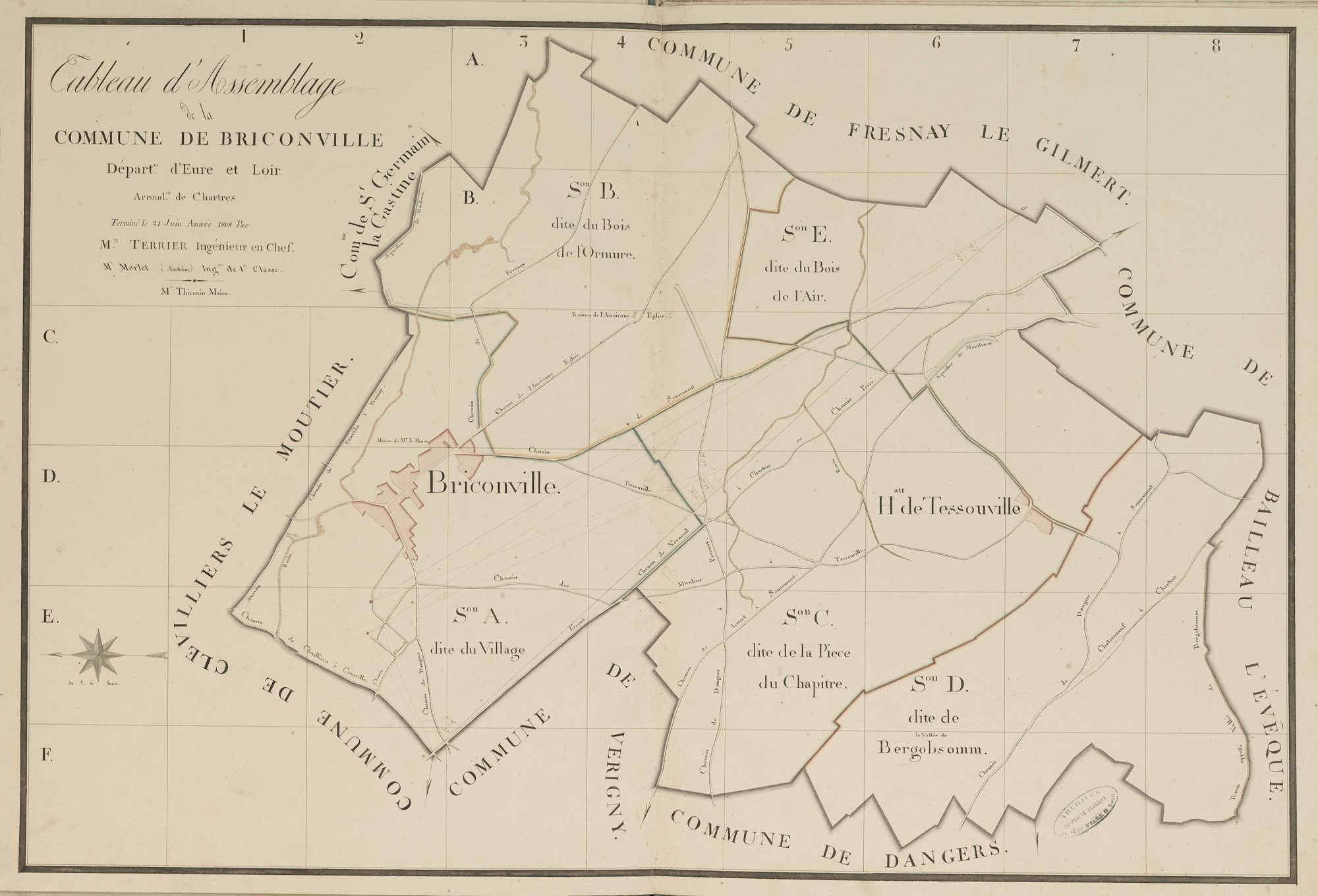 Tableau d'assemblage du plan parcellaire de la commune de Briconville, Canton de Chartres, Arrondissement de Chartres / Terminé sur le terrain le 21 juin 1808 (...) par Monsieur Morlet, Géomètre de 1ère classe.