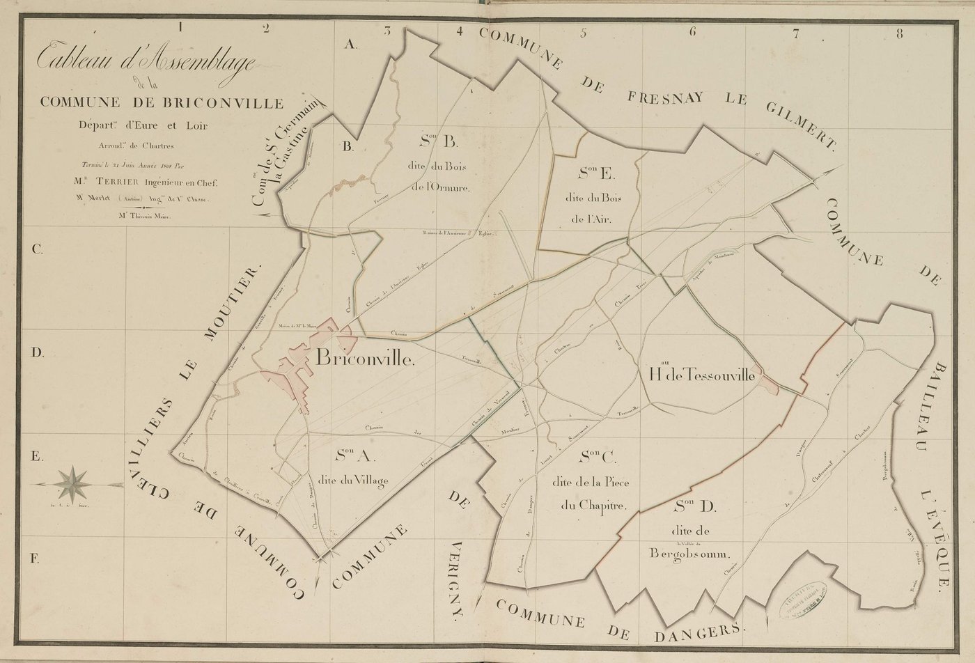 Tableau d'assemblage du plan parcellaire de la commune de Briconville, Canton de Chartres, Arrondissement de Chartres / Terminé sur le terrain le 21 juin 1808 (...) par Monsieur Morlet, Géomètre de 1ère classe.