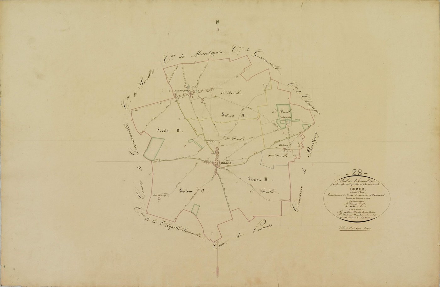 Tableau d'assemblage du plan cadastral parcellaire de la commune de Broué, Canton d'Anet, Arrondissement de Dreux / Terminé sur le terrain en 1834 (...) par Monsieur Dufour, Géomètre de 1ère classe.