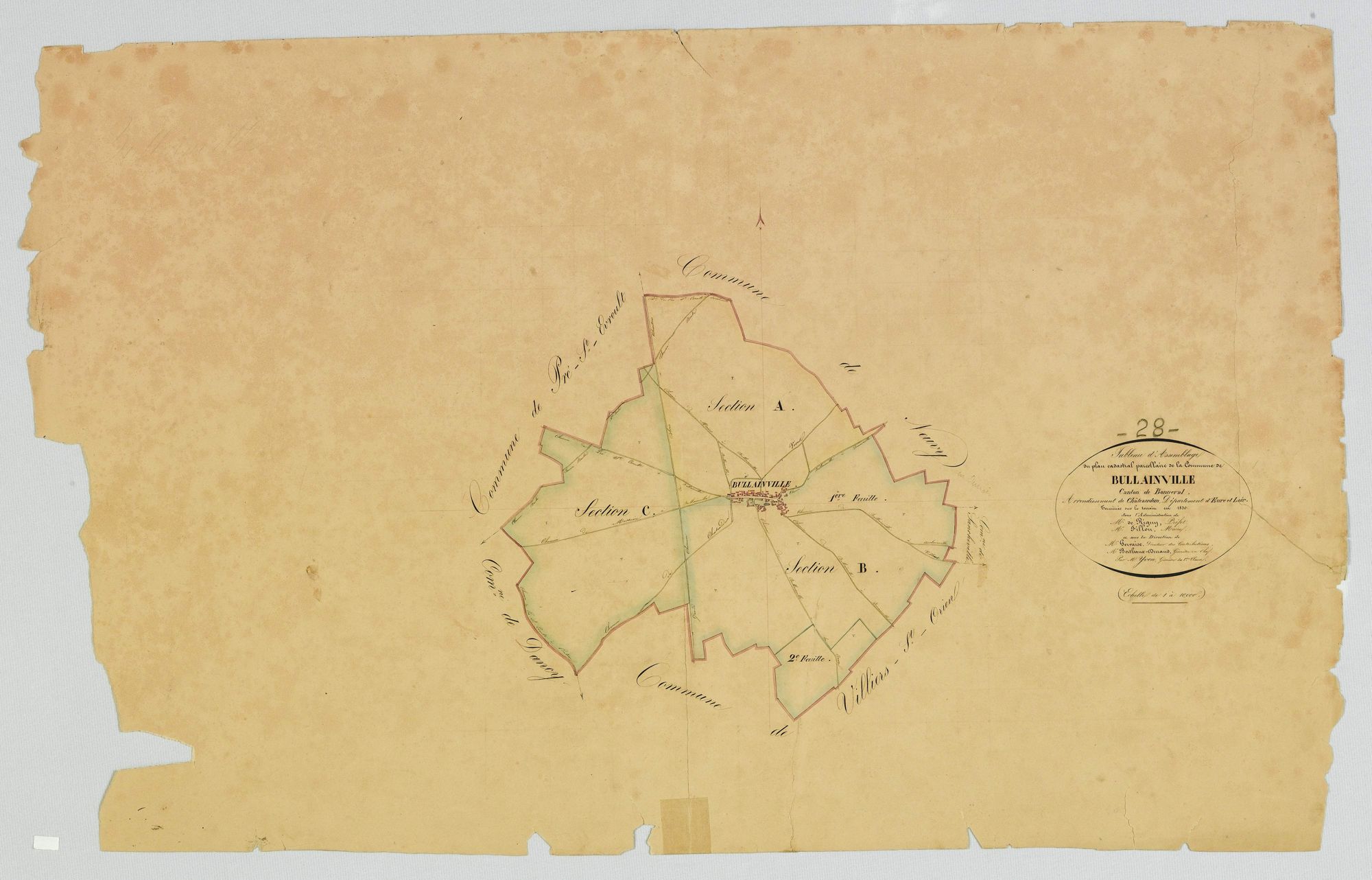 Tableau d'assemblage du plan cadastral parcellaire de la commune de Bullainville, Canton de Bonneval, Arrondissement de Châteaudun / Terminé sur le terrain en 1830 (...) par Monsieur Yvon, Géomètre de 1ère classe.