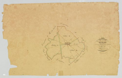 Tableau d'assemblage du plan cadastral parcellaire de la commune de Bullainville, Canton de Bonneval, Arrondissement de Châteaudun / Terminé sur le terrain en 1830 (...) par Monsieur Yvon, Géomètre de 1ère classe.