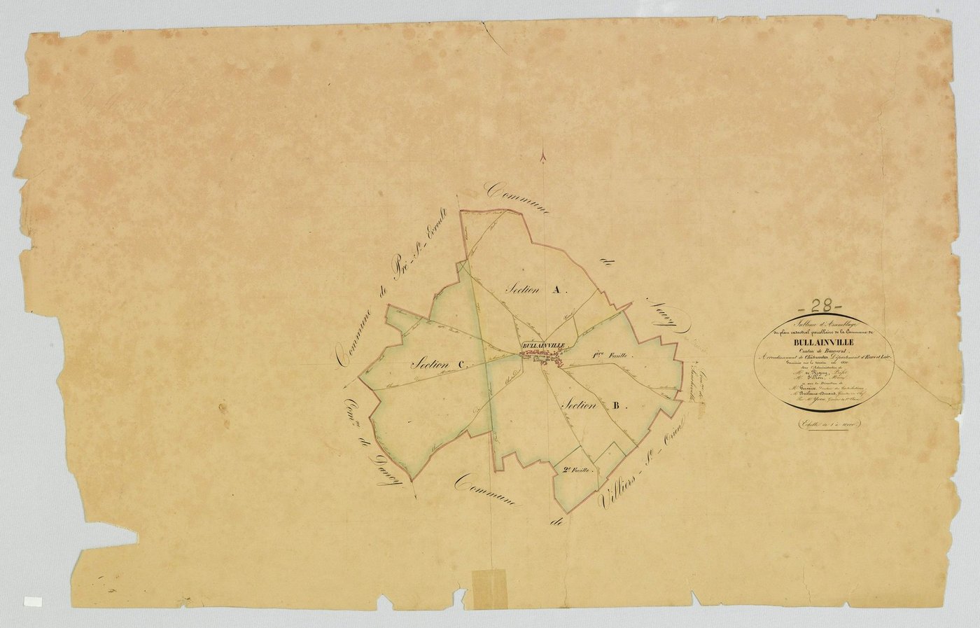 Tableau d'assemblage du plan cadastral parcellaire de la commune de Bullainville, Canton de Bonneval, Arrondissement de Châteaudun / Terminé sur le terrain en 1830 (...) par Monsieur Yvon, Géomètre de 1ère classe.