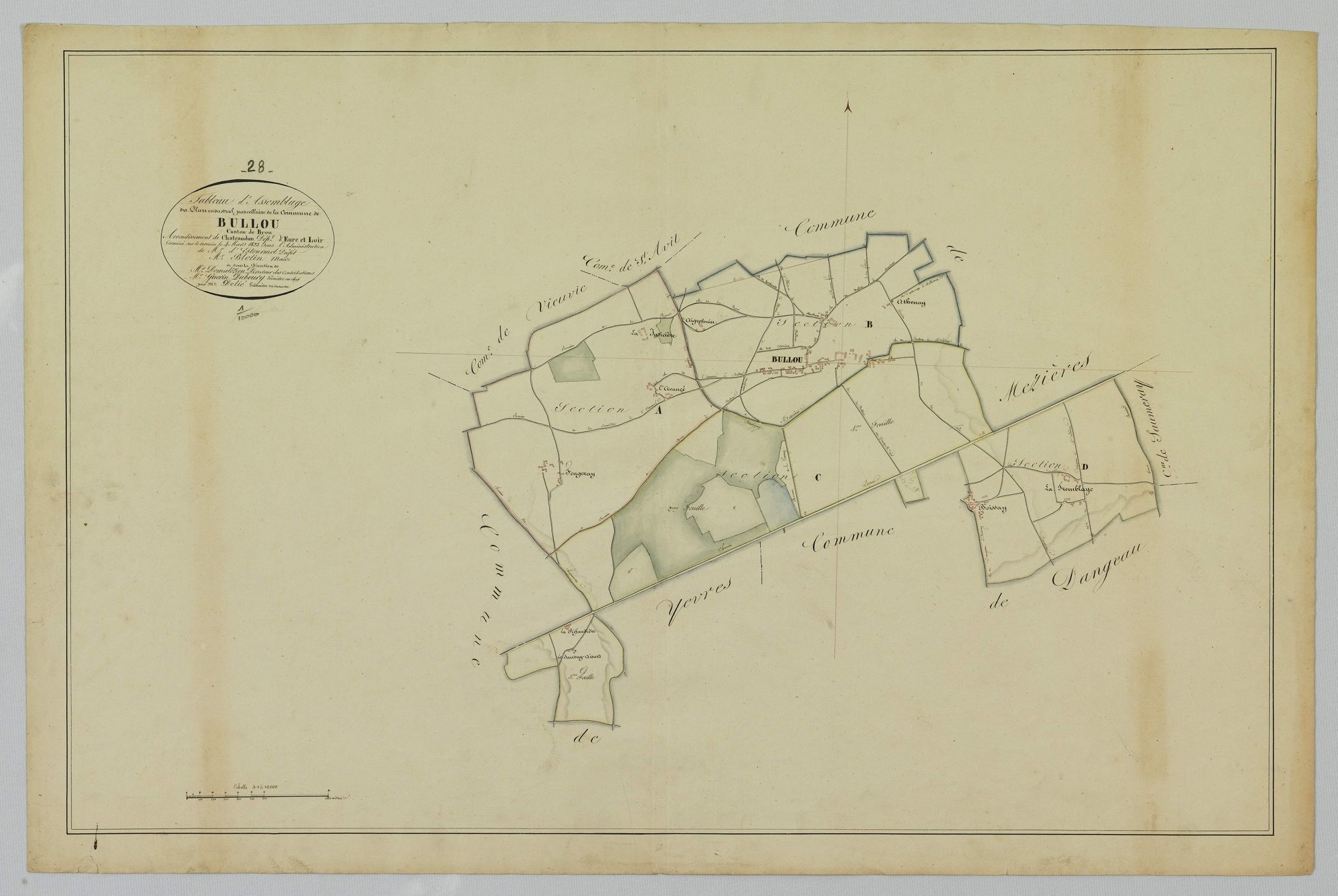 Tableau d'assemblage du plan cadastral parcellaire de la commune de Bullou, Canton de Brou, Arrondissement de Châteaudun / Terminé sur le terrain en 1823 (...) par Monsieur Delié, Géomètre secondaire.